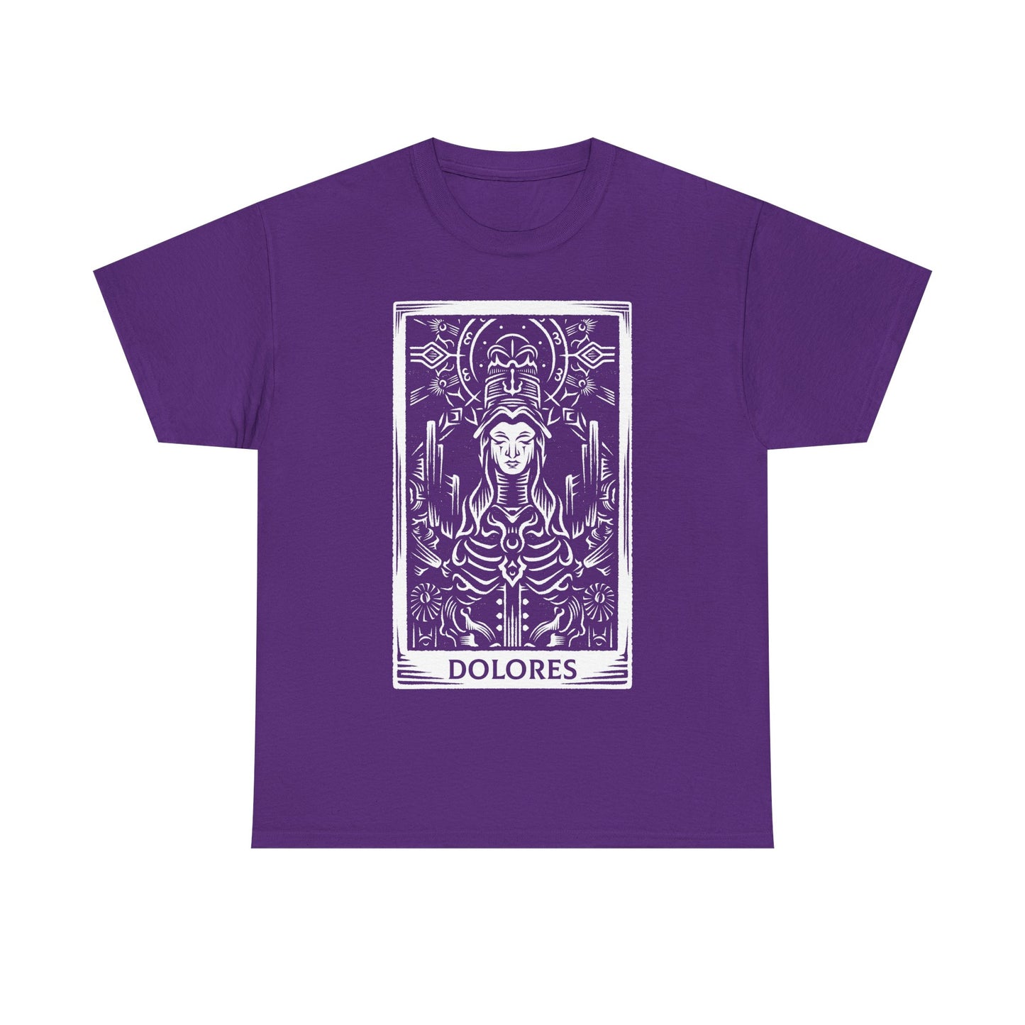 Madre Dolores tarot card t-shirt inspired by Crisol Theater of Idols, gothic horror dark fantasy tarot design featuring the mysterious character in occult tarot card style artwork.