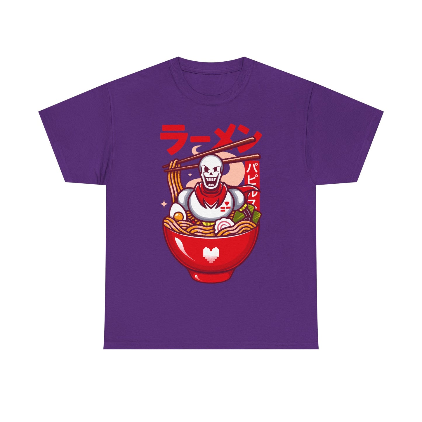 Image of a Papyrus T-shirt inspired by the indie game Undertale, featuring Papyrus sitting inside a Japanese ramen bowl in a cute kawaii art style. The design includes noodles, chopsticks and bright manga-style colors, perfect for fans of Papyrus, Sans, Undyne and the Undertale cast. Ideal for gamers who love Japanese food, ramen-themed apparel, geek culture, and unique Undertale merch with a playful aesthetic. papyrus undertale t-shirt, papyrus undertale video game merch, papyrus undertale tee