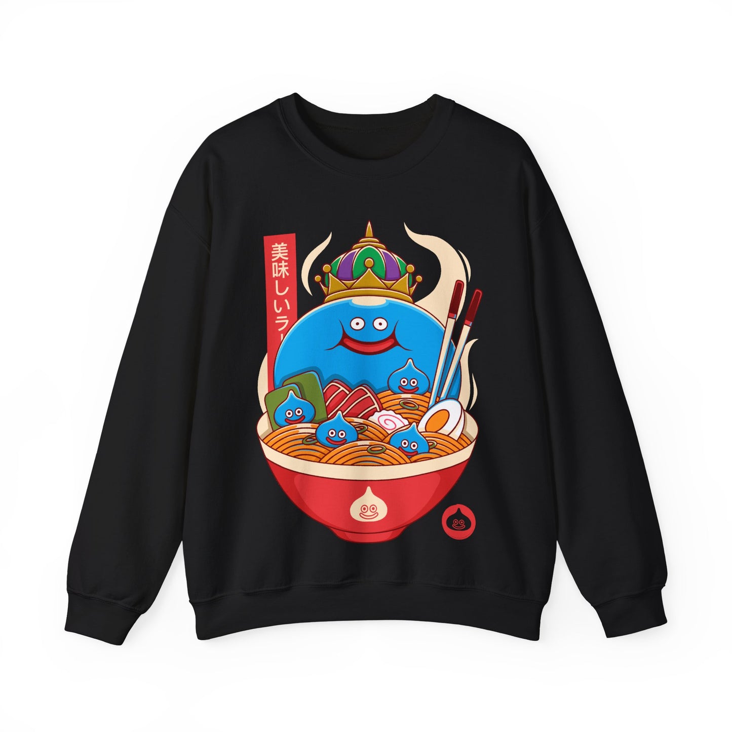Cozy crewneck sweatshirt featuring King Slime from Dragon Quest sitting inside a detailed ramen bowl. The design blends Japanese food art, JRPG fantasy, and cute gamer aesthetics, making it perfect for fans of slimes, retro RPGs, and ramen culture. High-quality print with vibrant colors, ideal for collectors of Dragon Quest merch, Japanese-inspired apparel, and gaming streetwear. dragon quest video games merch, dragon quest crewneck sweatshirt, dragon quest hoodie, dragon quest king slime merch