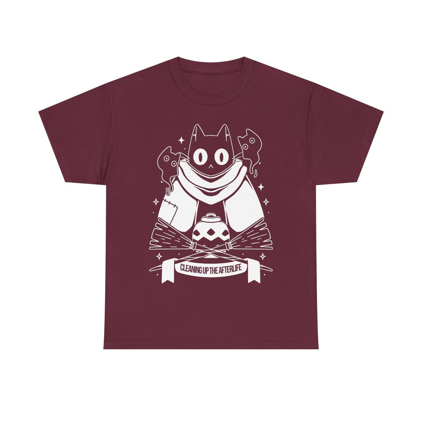 Crypt Custodian Cleaning Up the Afterlife t-shirt inspired by the indie metroidvania game starring Pluto, the mischievous ghost cat sentenced to clean the afterworld forever. This unisex gamer shirt captures the spooky cute charm and dark fantasy atmosphere of the game, blending cozy aesthetics with supernatural adventure. Perfect indie game merch for metroidvania fans, collectors, and gamers who love unique character-driven titles.