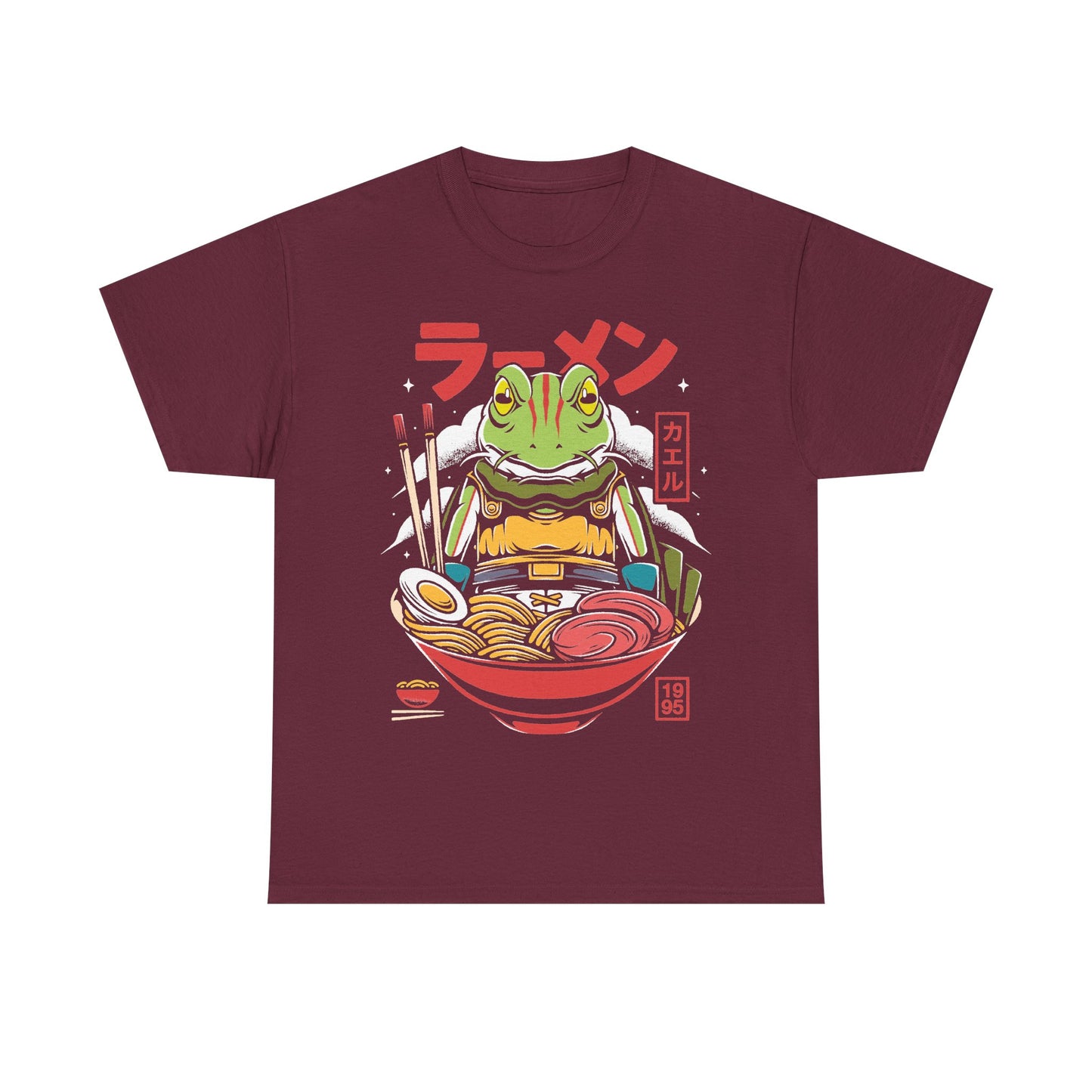 Chrono Trigger Glenn Frog ramen t-shirt featuring the Frog Knight inside a Japanese ramen bowl