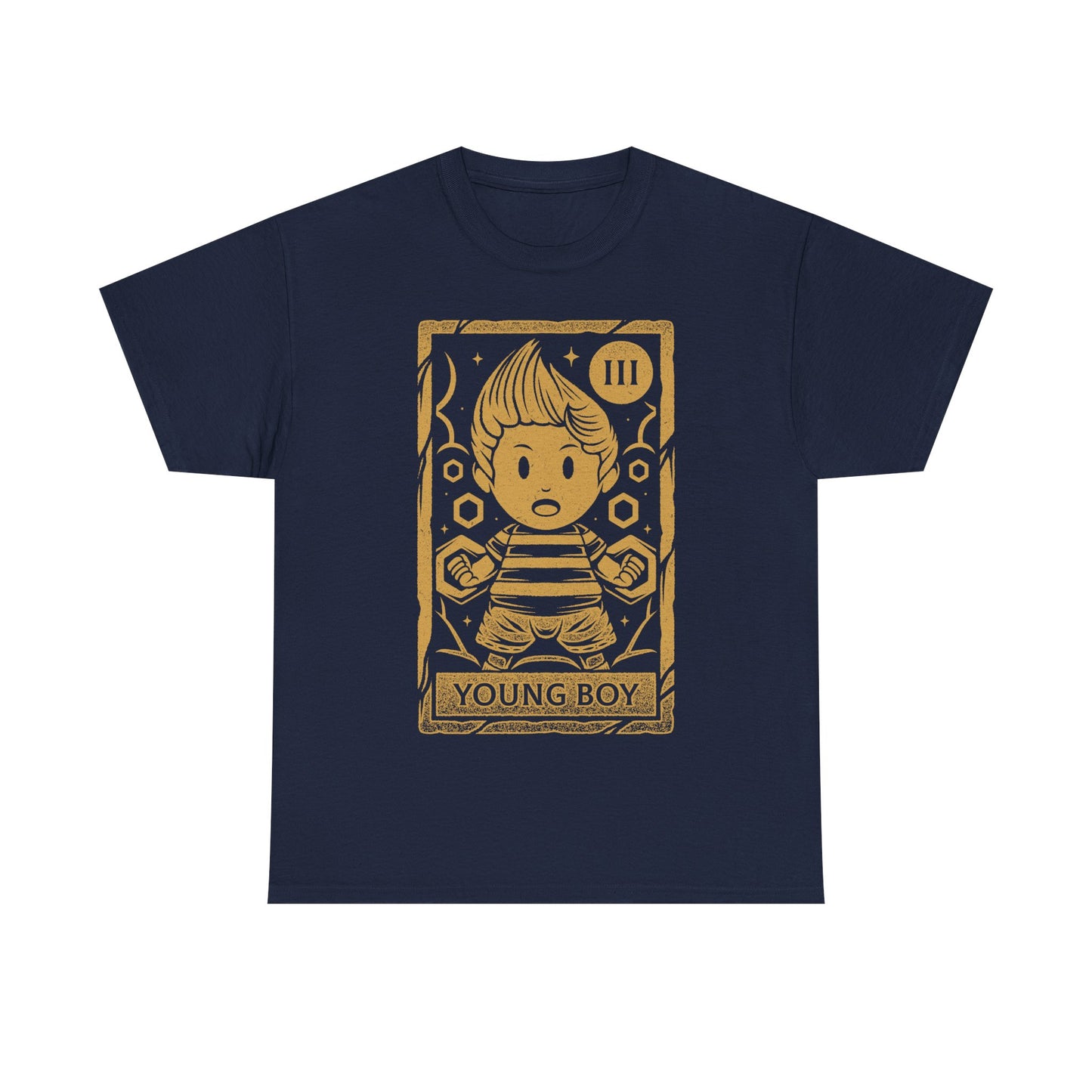 Lucas Mother 3 t-shirt featuring a vintage tarot card illustration inspired by the emotional JRPG Mother 3. Retro gaming apparel with a one-ink monochrome design depicting Lucas, the main protagonist of the cult classic RPG. Nostalgic gamer merch ideal for fans of Mother 3 t-shirts, RPG and JRPG video games, tarot card art, and story-driven retro games. Perfect collector tee for retrogaming fans and lovers of symbolic fantasy illustration. mother 3 lucas t-shirt, mother 3 lucas merch.