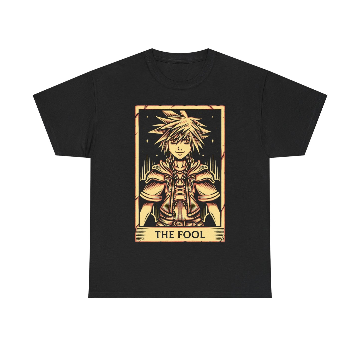 Sora from Kingdom Hearts t-shirt featuring the Keyblade wielder hero from the iconic fantasy RPG video game series in tarot card art style as the fool.