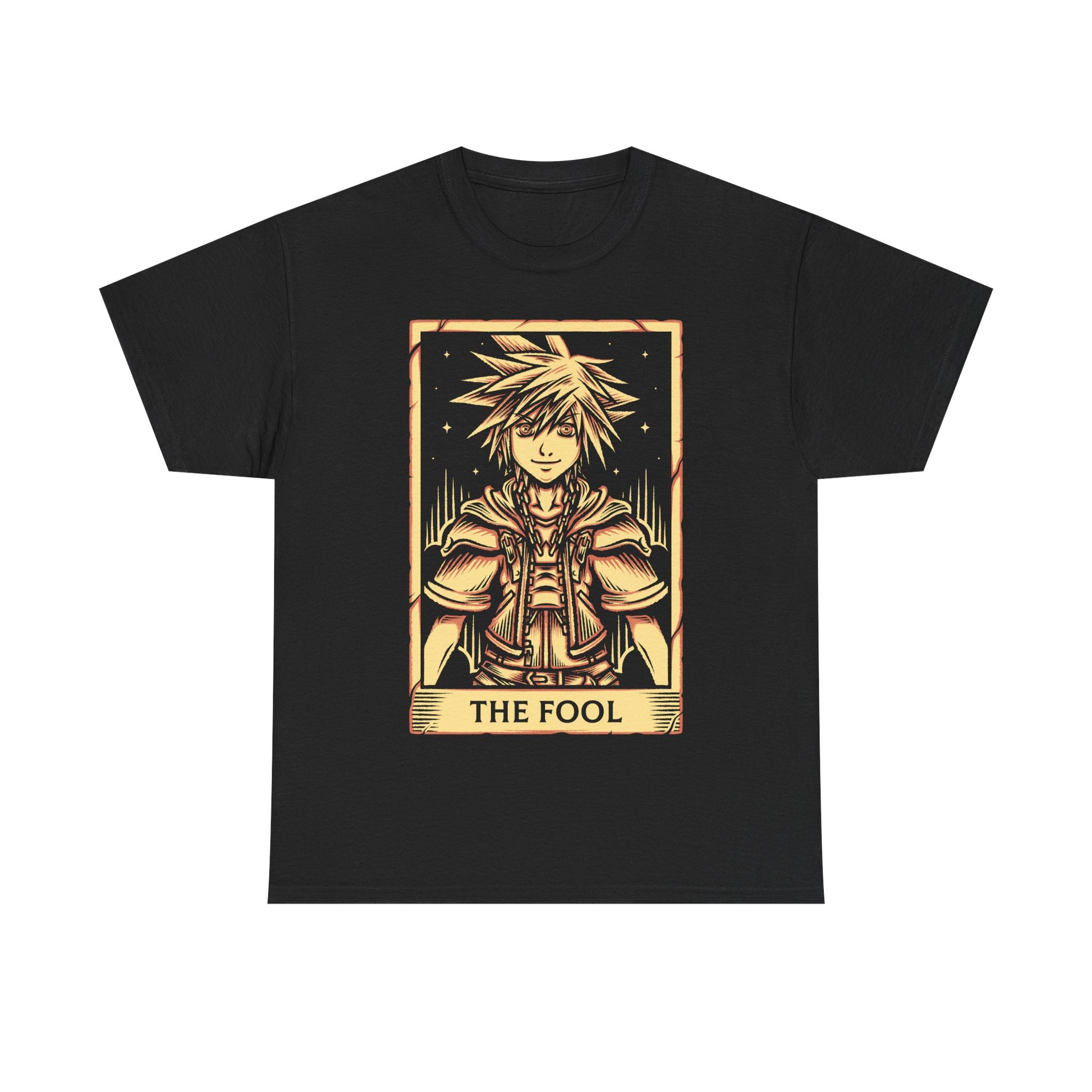 Sora from Kingdom Hearts t-shirt featuring the Keyblade wielder hero from the iconic fantasy RPG video game series in tarot card art style as the fool.