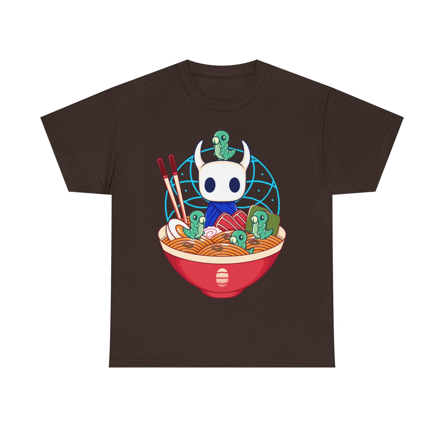 Cute Hollow Knight T-shirt featuring The Knight and adorable Grubs sitting inside a colorful ramen noodle bowl in a kawaii Japanese art style. The design blends food-themed illustration with indie game aesthetics, creating a fun and cozy look perfect for Hollow Knight fans, metroidvania lovers, ramen enthusiasts, and collectors. High-quality print ideal for gamers who enjoy cute cartoon art and unique fan-made apparel. hollow knight the knight ramen t-shirt, hollow knight ramen shirt, ramen tee