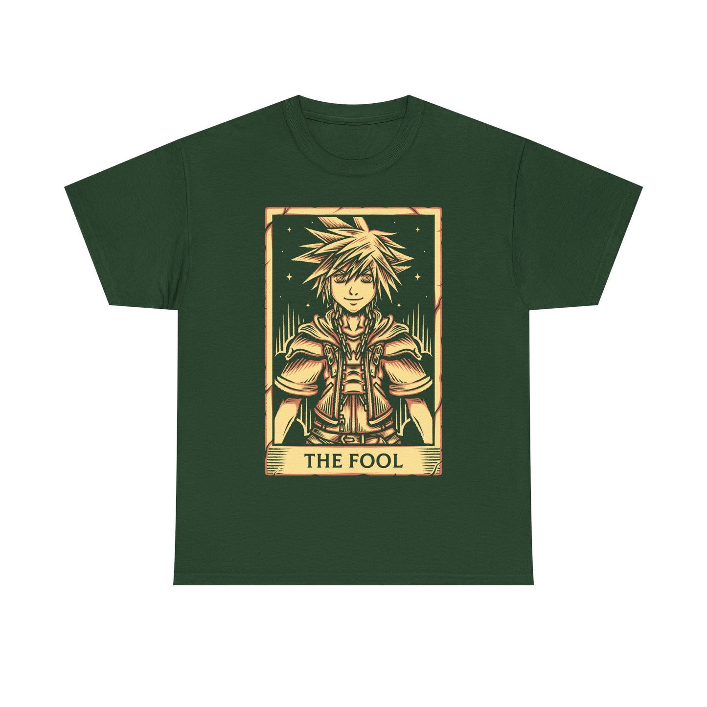 Sora from Kingdom Hearts t-shirt featuring the Keyblade wielder hero from the iconic fantasy RPG video game series in tarot card art style as the fool.