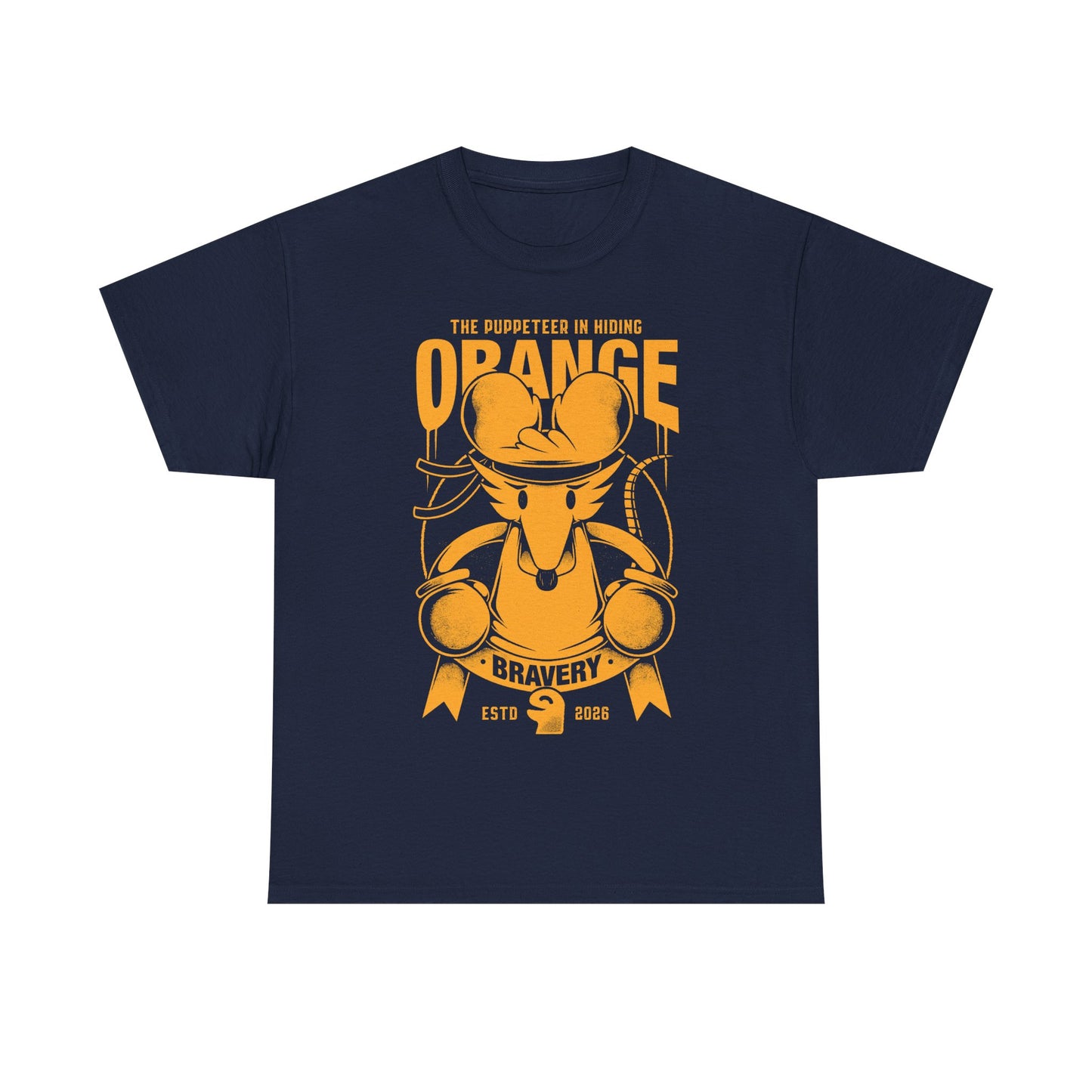 Orange Flower t-shirt inspired by Deltarune Chapter 5 featuring the Bravery SOUL flower with hidden puppeteer references in a vintage emblem style.