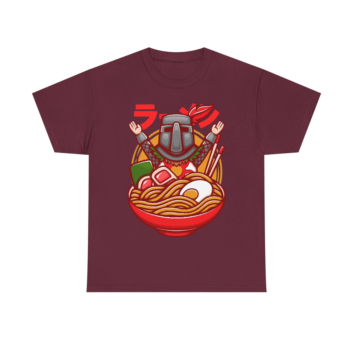 Solaire of Astora ramen t-shirt inspired by Dark Souls, featuring the iconic knight inside a stylized ramen bowl in a fun fantasy art style. This unisex gamer shirt blends action RPG energy with cozy Japanese ramen aesthetics. Perfect for fans of Dark Souls, Dark Souls II, Dark Souls III, Bloodborne, and Elden Ring. Ideal soulslike merch for collectors, FromSoftware fans, and gamers who love unique fantasy designs.
