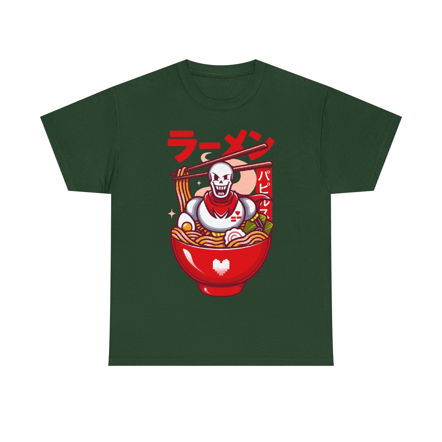Image of a Papyrus T-shirt inspired by the indie game Undertale, featuring Papyrus sitting inside a Japanese ramen bowl in a cute kawaii art style. The design includes noodles, chopsticks and bright manga-style colors, perfect for fans of Papyrus, Sans, Undyne and the Undertale cast. Ideal for gamers who love Japanese food, ramen-themed apparel, geek culture, and unique Undertale merch with a playful aesthetic. papyrus undertale t-shirt, papyrus undertale video game merch, papyrus undertale tee