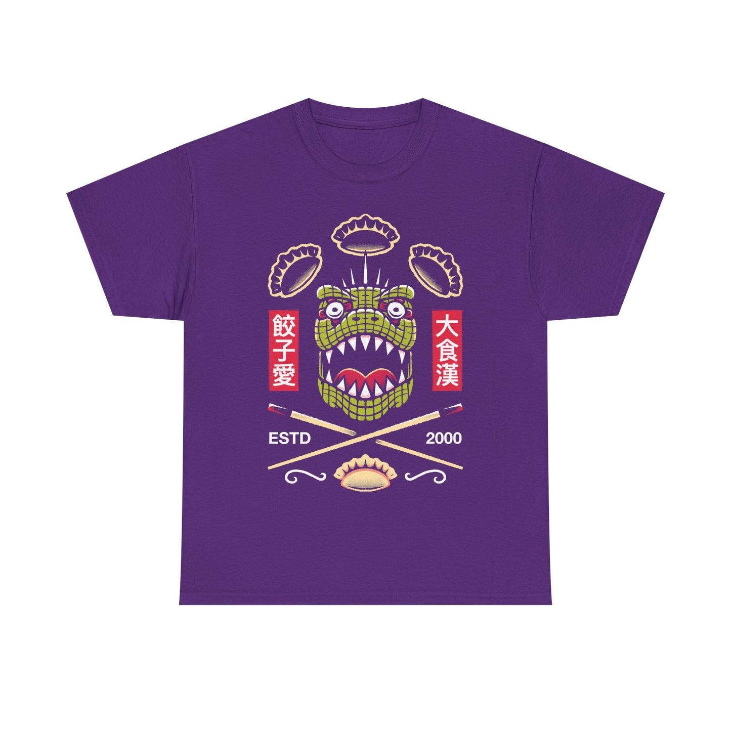 Kaiman Dorohedoro anime t-shirt featuring crossed Japanese chopsticks and gyozas in foodie anime streetwear style.