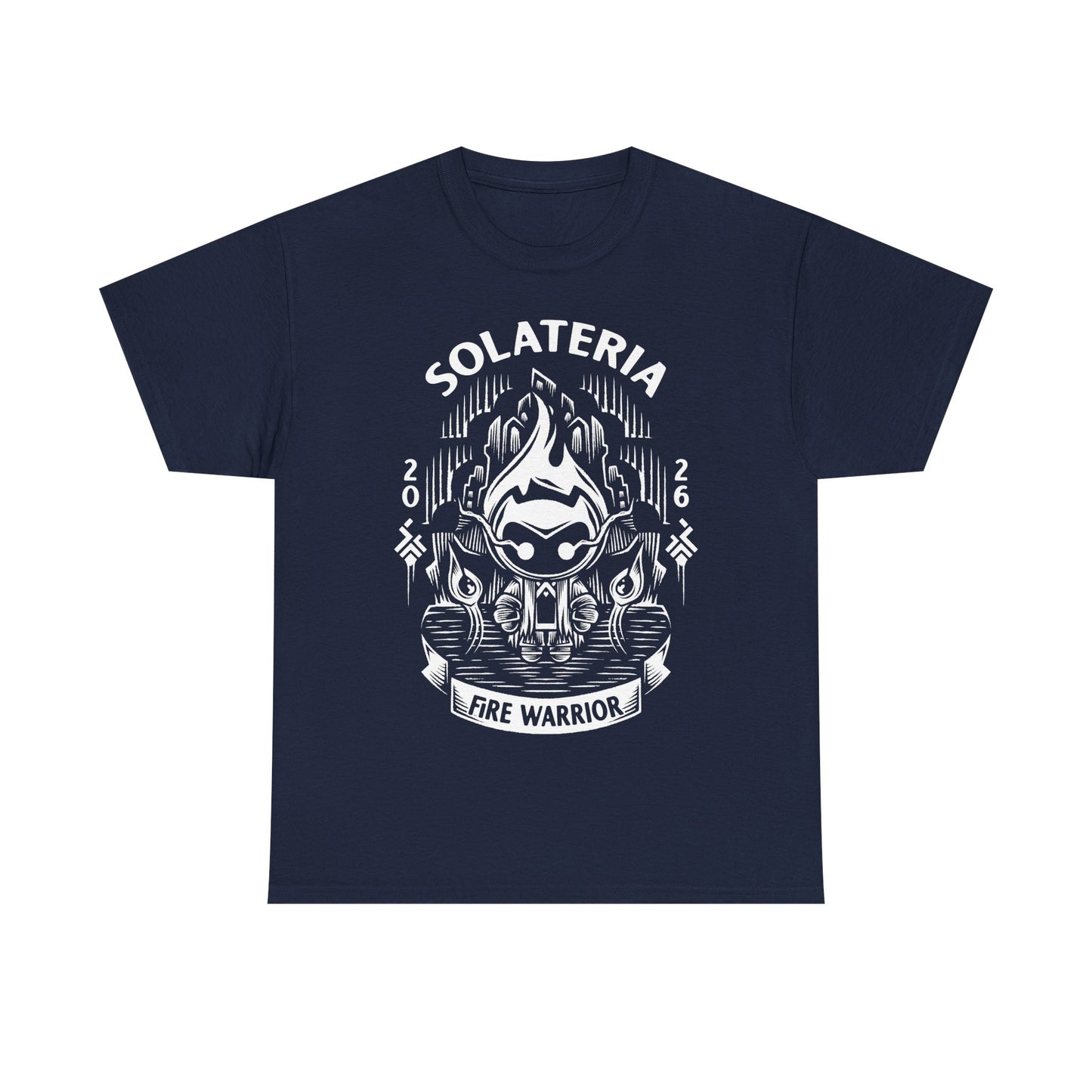 Solateria Fire Warrior t-shirt featuring the protagonist of the indie metroidvania game in a dark fantasy action platformer design.