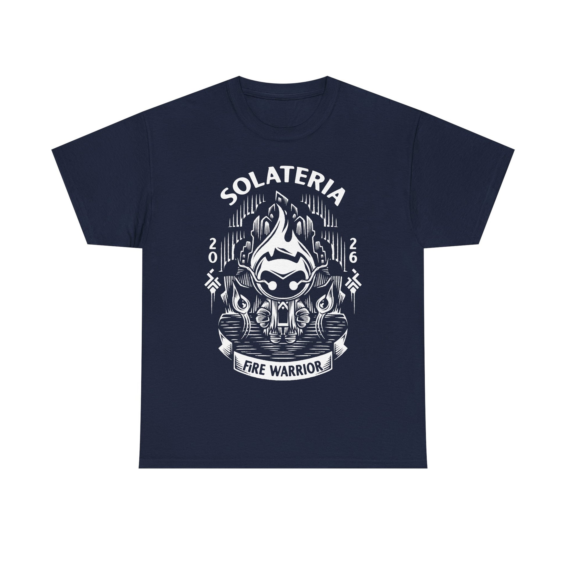 Solateria Fire Warrior t-shirt featuring the protagonist of the indie metroidvania game in a dark fantasy action platformer design.