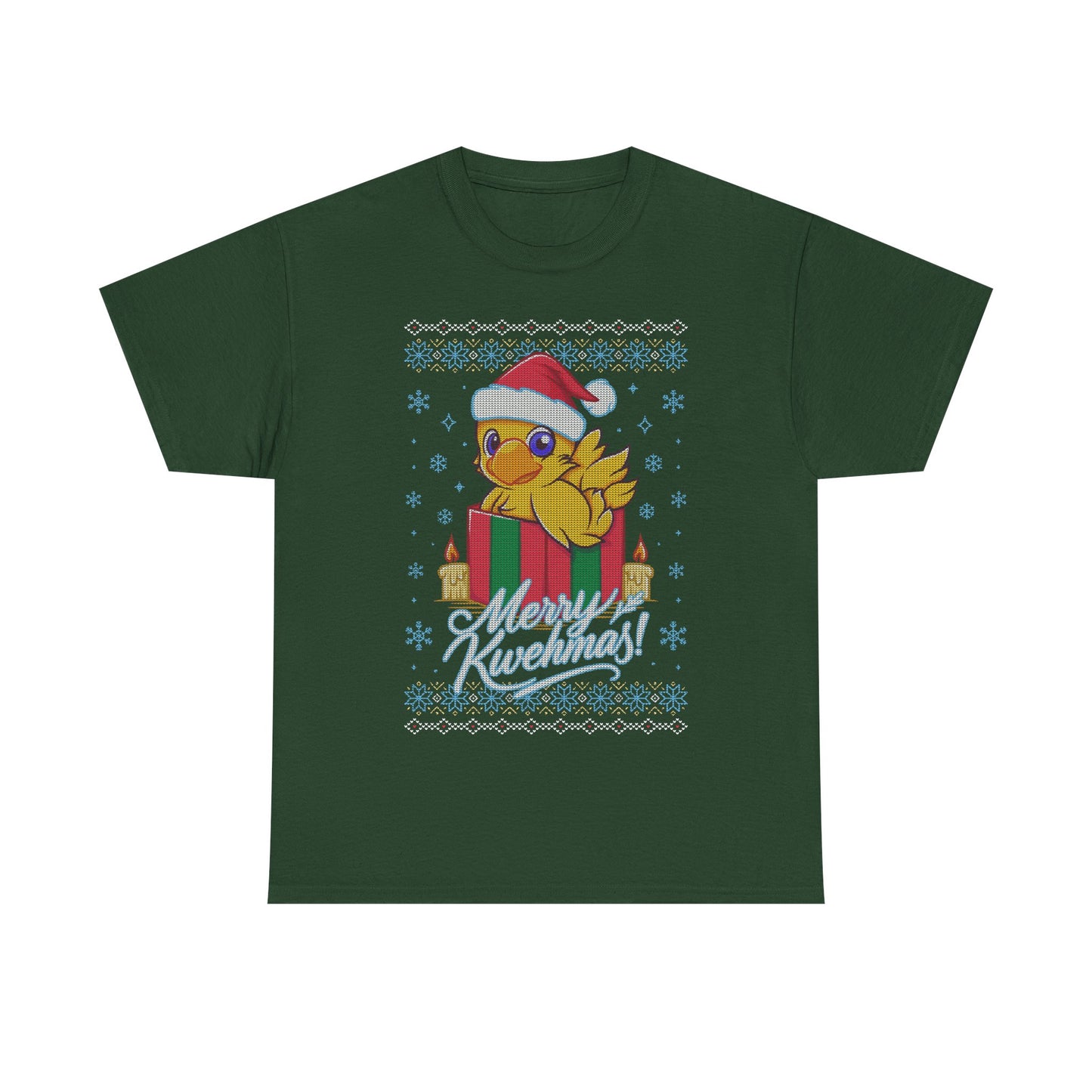 High-quality T-shirt featuring a cute Chocobo from the Final Fantasy series sitting inside a Christmas gift box and wearing a festive Santa hat. The design blends JRPG charm with adorable holiday aesthetics, making it perfect for fans of Chocobos, Christmas gaming apparel, and cute kawaii art. Ideal for gifting, collectors, and gamers who enjoy cozy festive clothing. Soft unisex tee suitable for daily wear during the holiday season. cute chocobo kawaii t-shirt, final fantasy christmas t-shirt