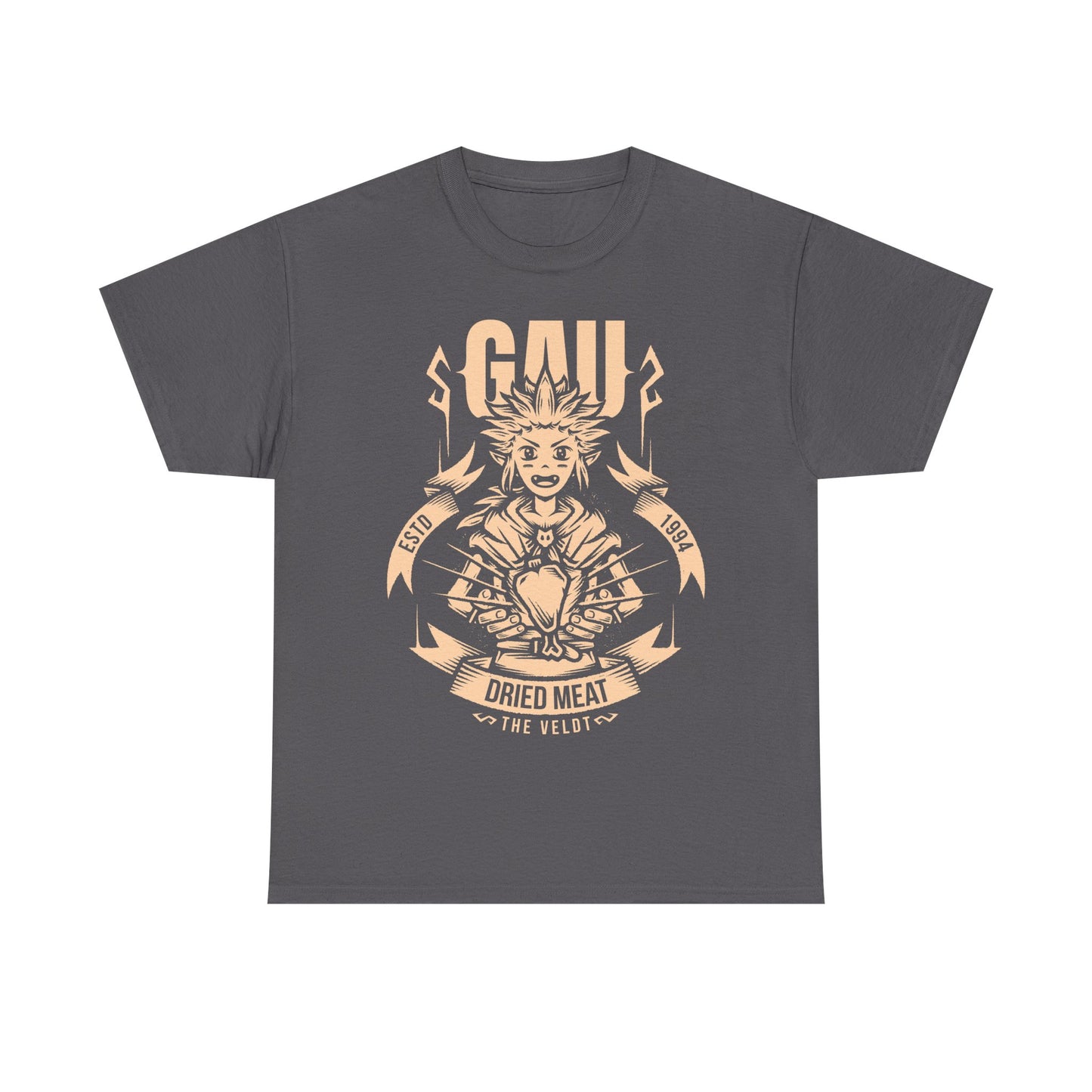 Gau Final Fantasy VI t-shirt featuring the Veldt recruitment scene with Sabin and Cyan using dried meat in the classic FF6 retro RPG. Perfect tee for Final Fantasy 6 gamers who wants unique merch.