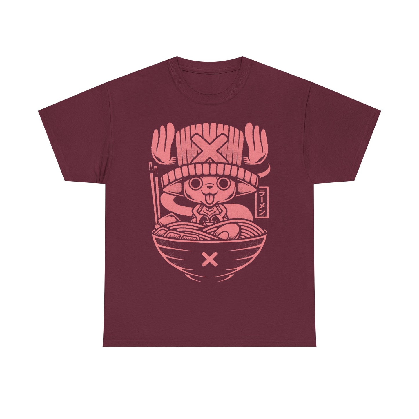 Tony Tony Chopper One Piece ramen t-shirt featuring the Straw Hat pirate doctor inside a Japanese noodle bowl in kawaii foodie anime style.