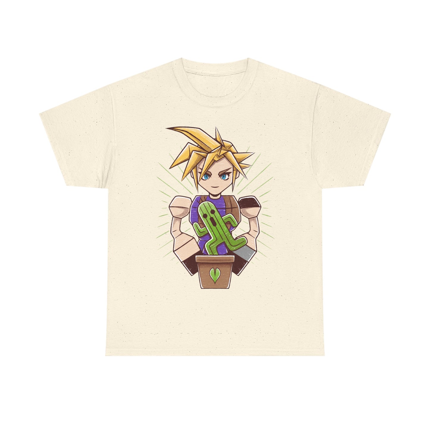 Final Fantasy VII t-shirt featuring Cloud Strife caring for a garden of Cactuars inspired by the legendary 10,000 Needles attack.
