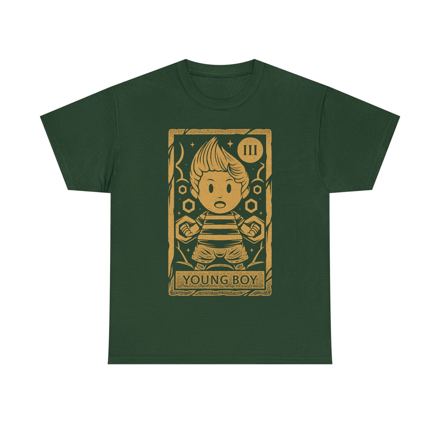 Lucas Mother 3 t-shirt featuring a vintage tarot card illustration inspired by the emotional JRPG Mother 3. Retro gaming apparel with a one-ink monochrome design depicting Lucas, the main protagonist of the cult classic RPG. Nostalgic gamer merch ideal for fans of Mother 3 t-shirts, RPG and JRPG video games, tarot card art, and story-driven retro games. Perfect collector tee for retrogaming fans and lovers of symbolic fantasy illustration. mother 3 lucas t-shirt, mother 3 lucas merch.