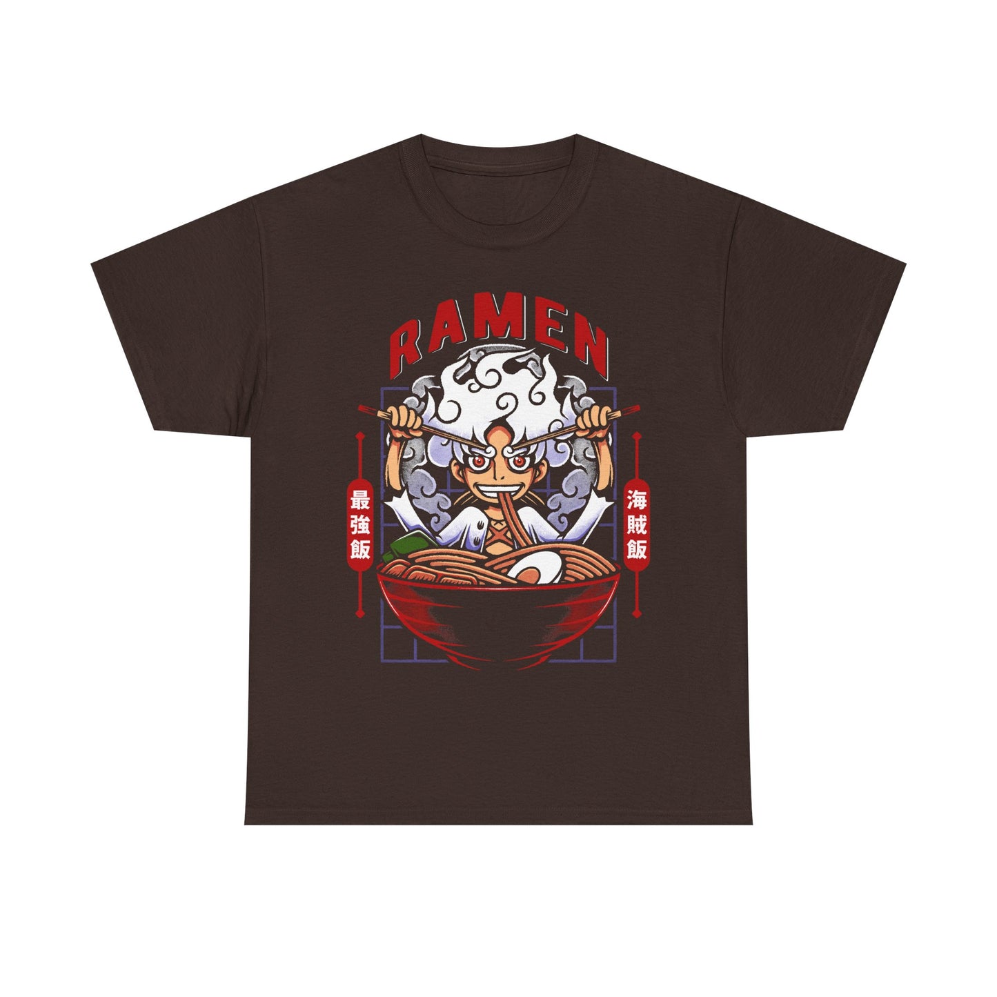 Gear 5 Luffy One Piece ramen t-shirt featuring Sun God Nika inside a Japanese noodle bowl with chopsticks in a foodie anime streetwear design inspired by the Straw Hat Pirates.