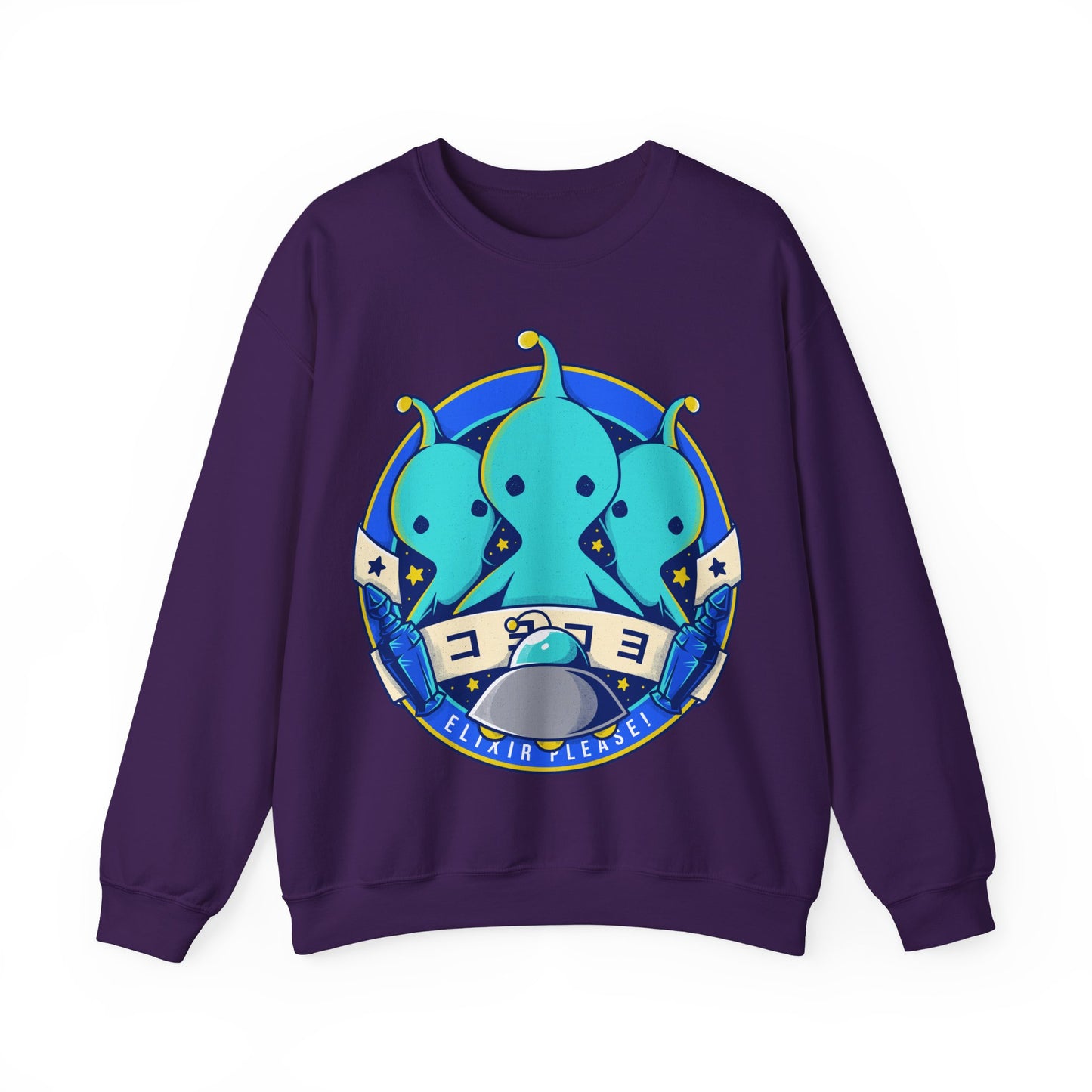 Pupu Final Fantasy crewneck sweatshirt featuring the iconic blue alien from FFVIII and FFXIV in a cute kawaii style. High-quality gamer apparel, perfect for JRPG fans, collectors, and retro gaming lovers. Exclusive Pupu alien graphic tee inspired by the UFO encounters in Final Fantasy VIII and Final Fantasy XIV. Unisex video game shirt ideal as a gift for gamers and anime fans. final fantasy viii merch, ffviii merch, ffxiv merch, final fantasy xiv merch, final fantasy viii pupu