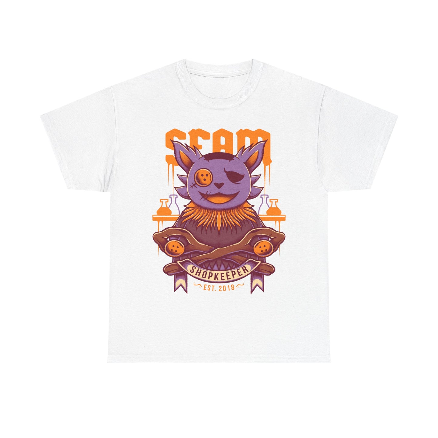 Deltarune Seam Shopkeeper Darkner t-shirt featuring the mysterious purple plush character and former Court Magician from Card Kingdom.