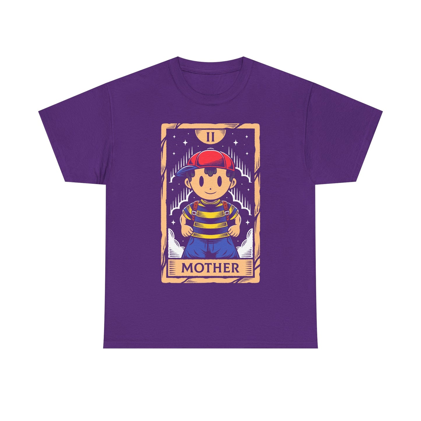 Discover this Ness tarot card t-shirt inspired by EarthBound (Mother 2) video game. A retro RPG design featuring the iconic PSI powered hero in a mystical tarot card illustration. This shirt is perfect retrogamers who love Earthbound game.