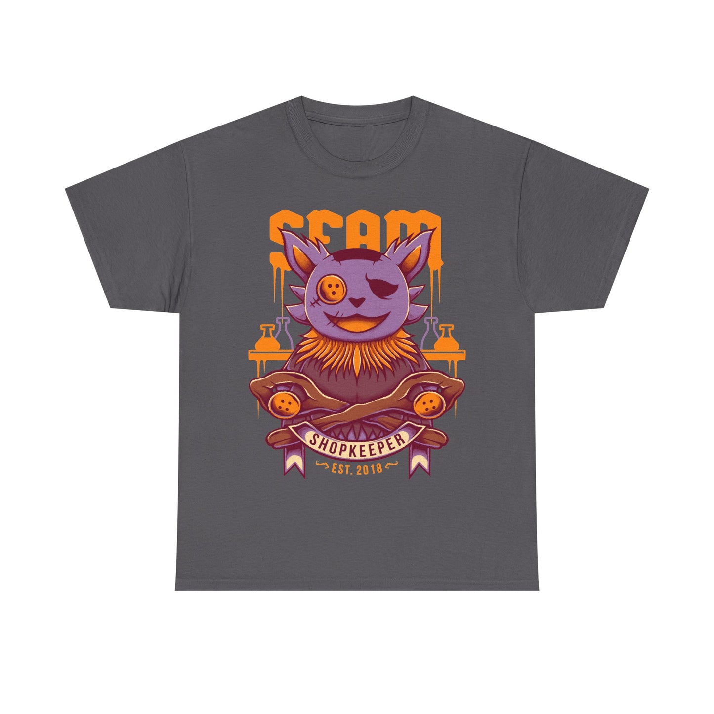 Deltarune Seam Shopkeeper Darkner t-shirt featuring the mysterious purple plush character and former Court Magician from Card Kingdom.