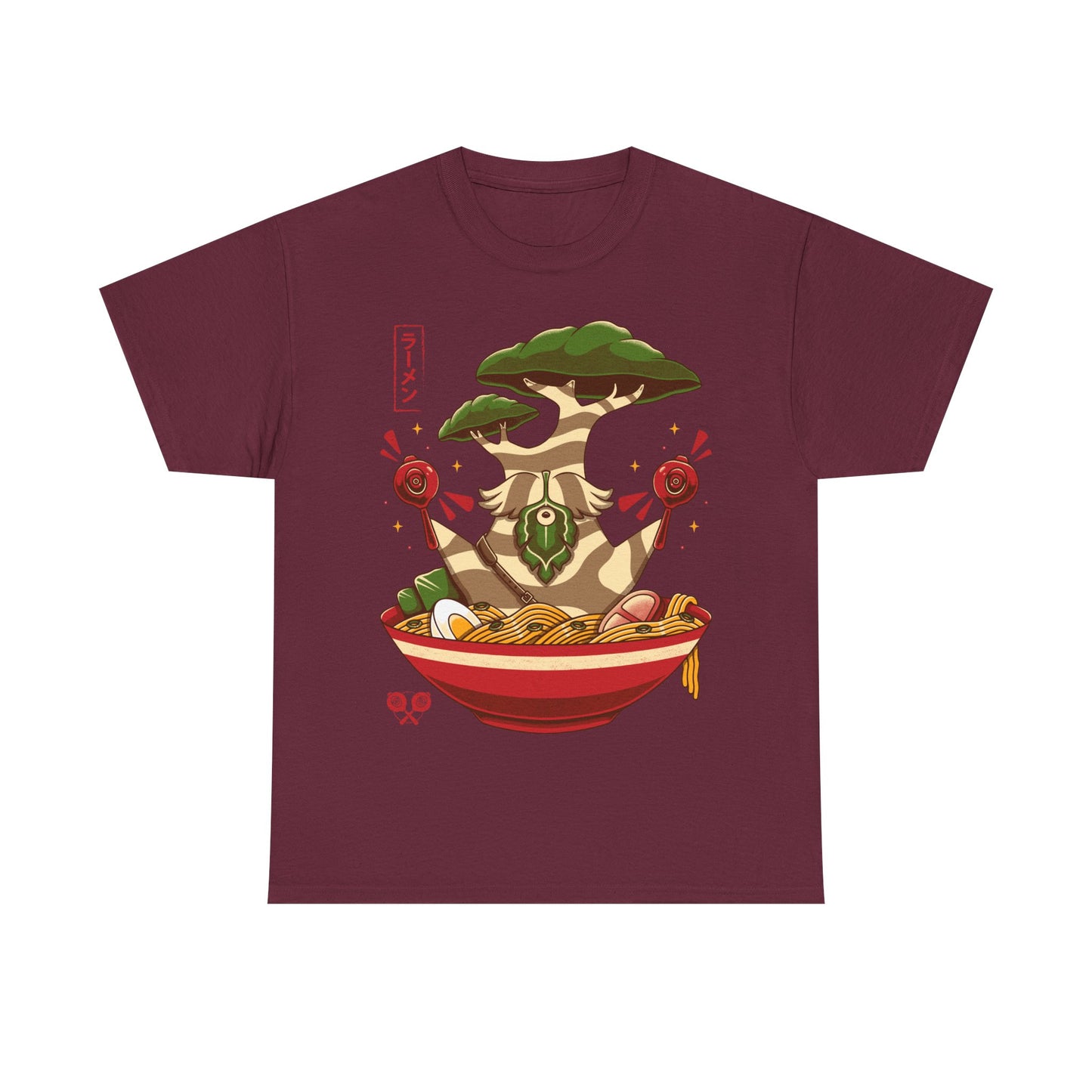 Hestu Korok t-shirt from The Legend of Zelda Breath of the Wild featuring Hestu doing the Shalaka Dance inside a ramen noodle bowl in cute gamer style.