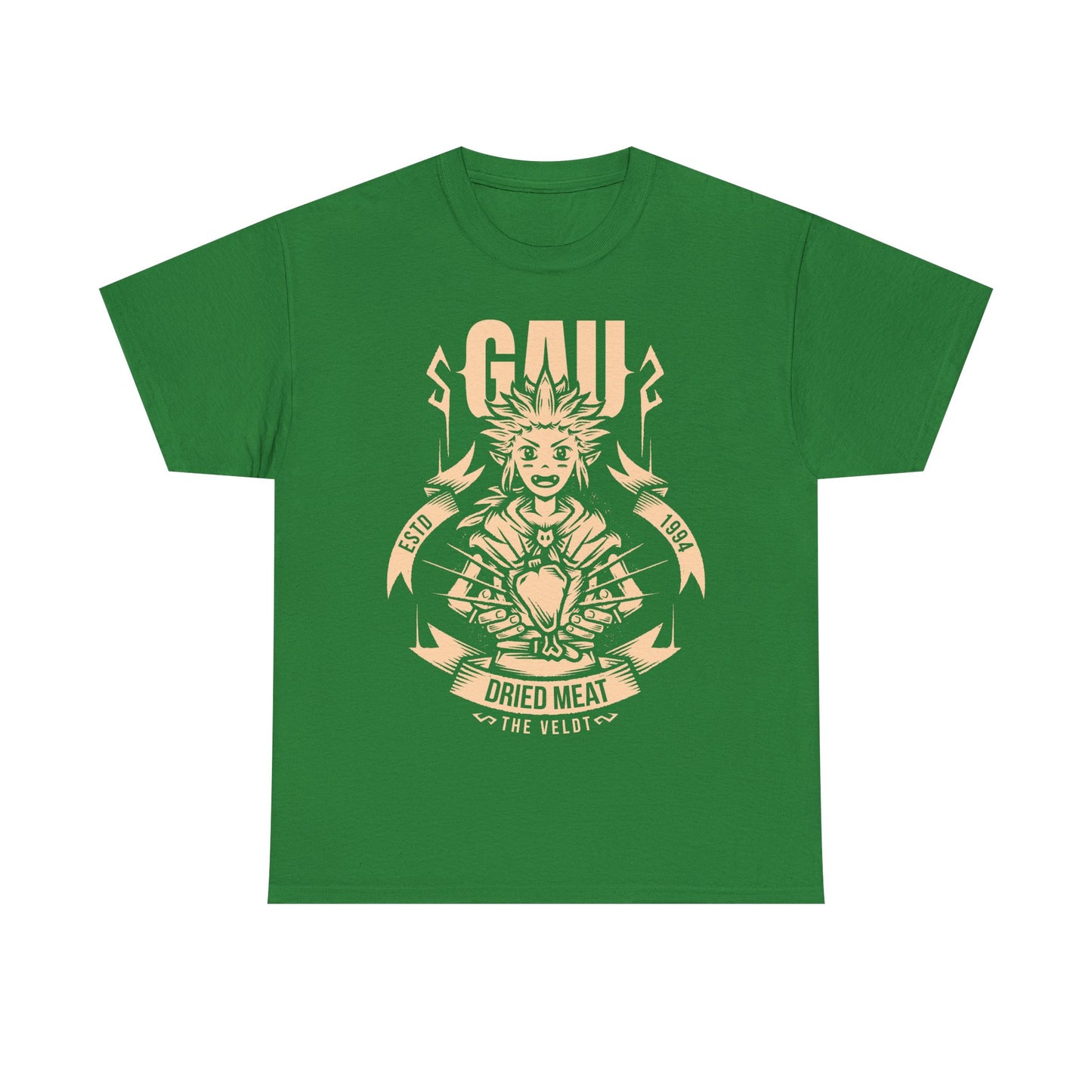 Gau Final Fantasy VI t-shirt featuring the Veldt recruitment scene with Sabin and Cyan using dried meat in the classic FF6 retro RPG. Perfect tee for Final Fantasy 6 gamers who wants unique merch.