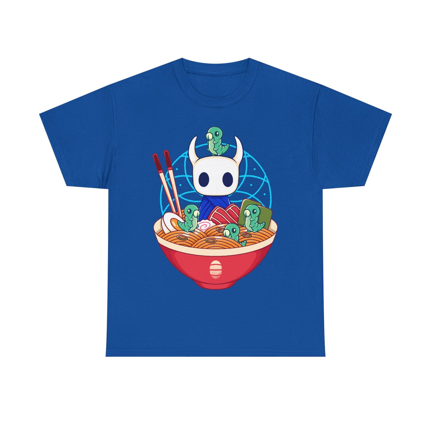 Cute Hollow Knight T-shirt featuring The Knight and adorable Grubs sitting inside a colorful ramen noodle bowl in a kawaii Japanese art style. The design blends food-themed illustration with indie game aesthetics, creating a fun and cozy look perfect for Hollow Knight fans, metroidvania lovers, ramen enthusiasts, and collectors. High-quality print ideal for gamers who enjoy cute cartoon art and unique fan-made apparel. hollow knight the knight ramen t-shirt, hollow knight ramen shirt, ramen tee