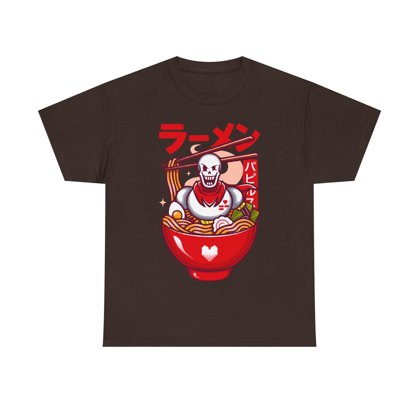 Image of a Papyrus T-shirt inspired by the indie game Undertale, featuring Papyrus sitting inside a Japanese ramen bowl in a cute kawaii art style. The design includes noodles, chopsticks and bright manga-style colors, perfect for fans of Papyrus, Sans, Undyne and the Undertale cast. Ideal for gamers who love Japanese food, ramen-themed apparel, geek culture, and unique Undertale merch with a playful aesthetic. papyrus undertale t-shirt, papyrus undertale video game merch, papyrus undertale tee