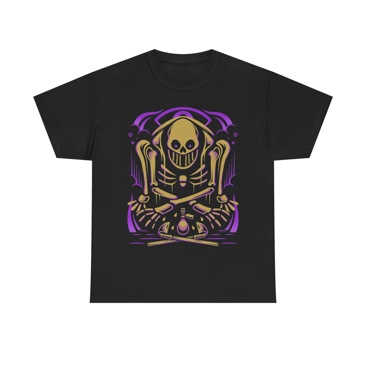 Hans skeleton farmer graphic t-shirt inspired by the Elderfield farming RPG