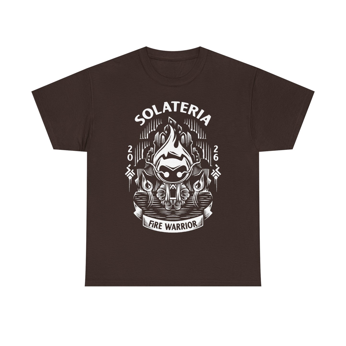 Solateria Fire Warrior t-shirt featuring the protagonist of the indie metroidvania game in a dark fantasy action platformer design.