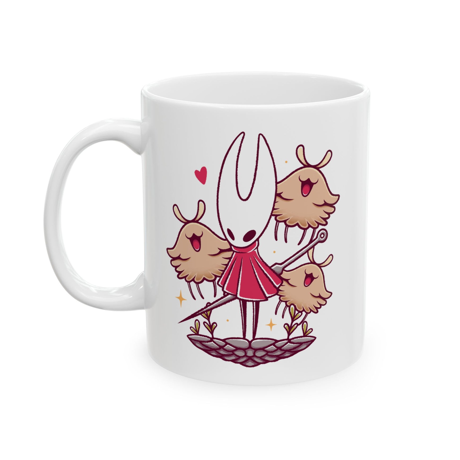 High-quality ceramic mug featuring Hornet and the Lost Fleas from Hollow Knight: Silksong in a cute watercolor art style. This kawaii-inspired design is perfect for indie game fans who love charming characters, cozy aesthetics, and collectible drinkware. Ideal for coffee or tea, the mug’s vibrant print and smooth ceramic finish make it a must-have for Silksong fans, metroidvania lovers, and anyone who enjoys artistic gaming merchandise.