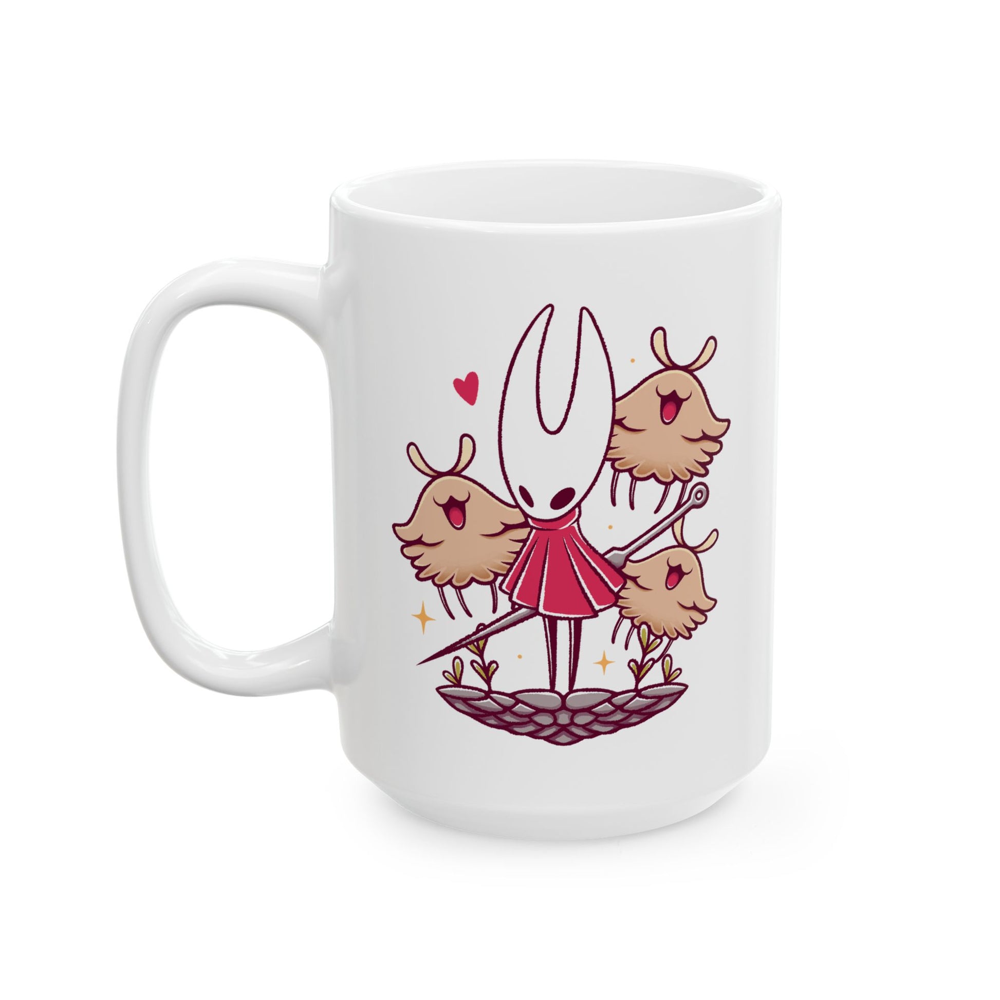 High-quality ceramic mug featuring Hornet and the Lost Fleas from Hollow Knight: Silksong in a cute watercolor art style. This kawaii-inspired design is perfect for indie game fans who love charming characters, cozy aesthetics, and collectible drinkware. Ideal for coffee or tea, the mug’s vibrant print and smooth ceramic finish make it a must-have for Silksong fans, metroidvania lovers, and anyone who enjoys artistic gaming merchandise.