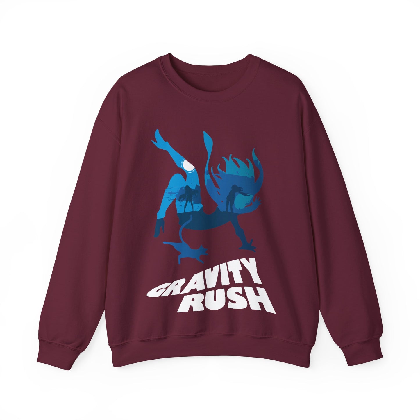 Gravity Rush crewneck sweatshirt featuring Kat, Dusty and Raven in the city of Auldnoir. Designed in layered blue vector silhouettes to create depth and atmospheric perspective, this unisex gamer sweatshirt captures the gravity-shifting aesthetic of Gravity Rush and Gravity Rush 2. Perfect action-adventure video game merch for fans of Japanese art style, anime-inspired design, and PlayStation cult classics.