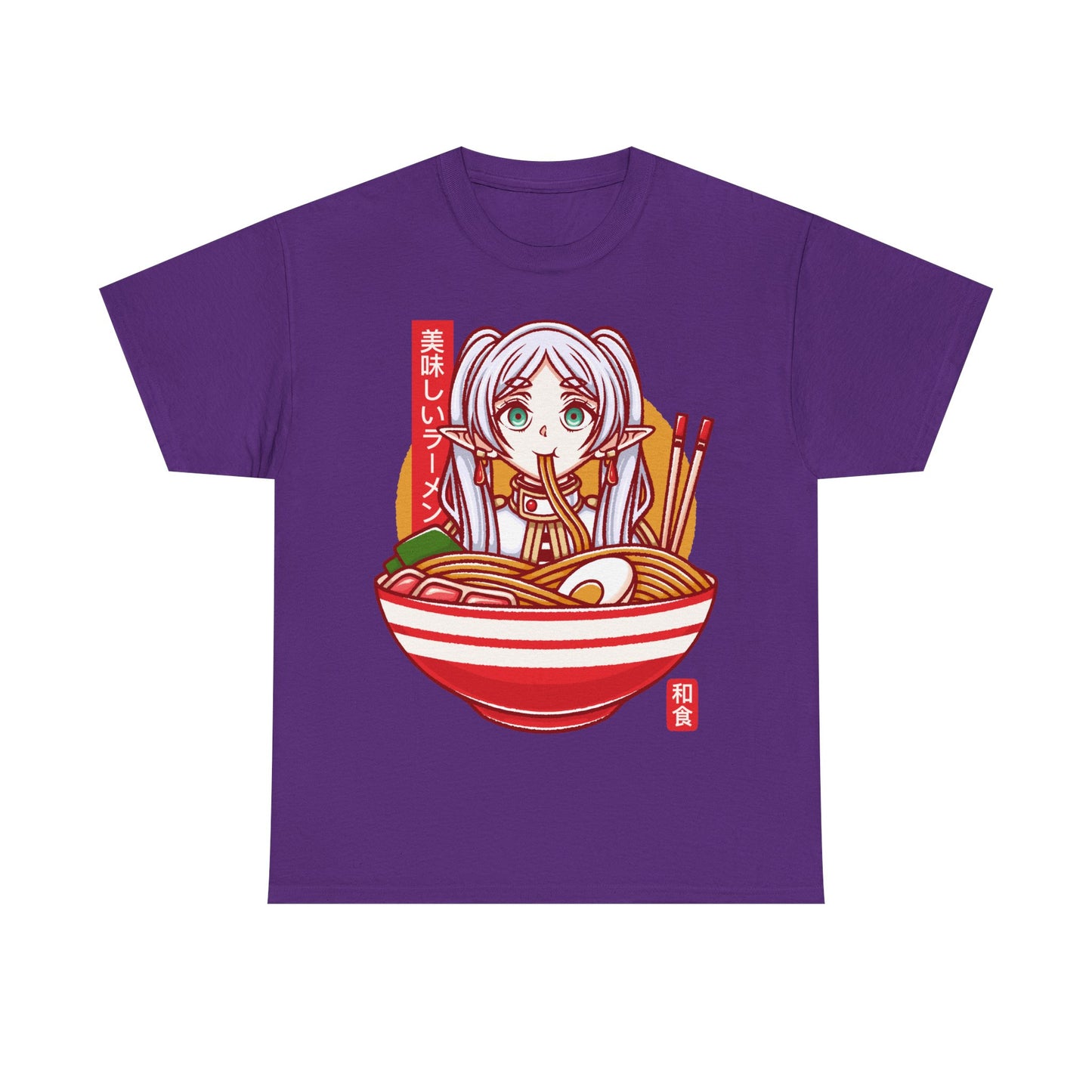 Frieren ramen t-shirt inspired by Sōsō no Frieren: Beyond Journey’s End, featuring the elf mage protagonist inside a stylized Japanese ramen bowl. This unisex anime shirt blends fantasy aesthetics with cozy ramen culture, creating a unique design for fans of the manga and anime series. Perfect anime merch for collectors, otaku enthusiasts, and lovers of Japanese art inspired apparel. Ideal t-shirt for Frieren fans and fantasy anime lovers.