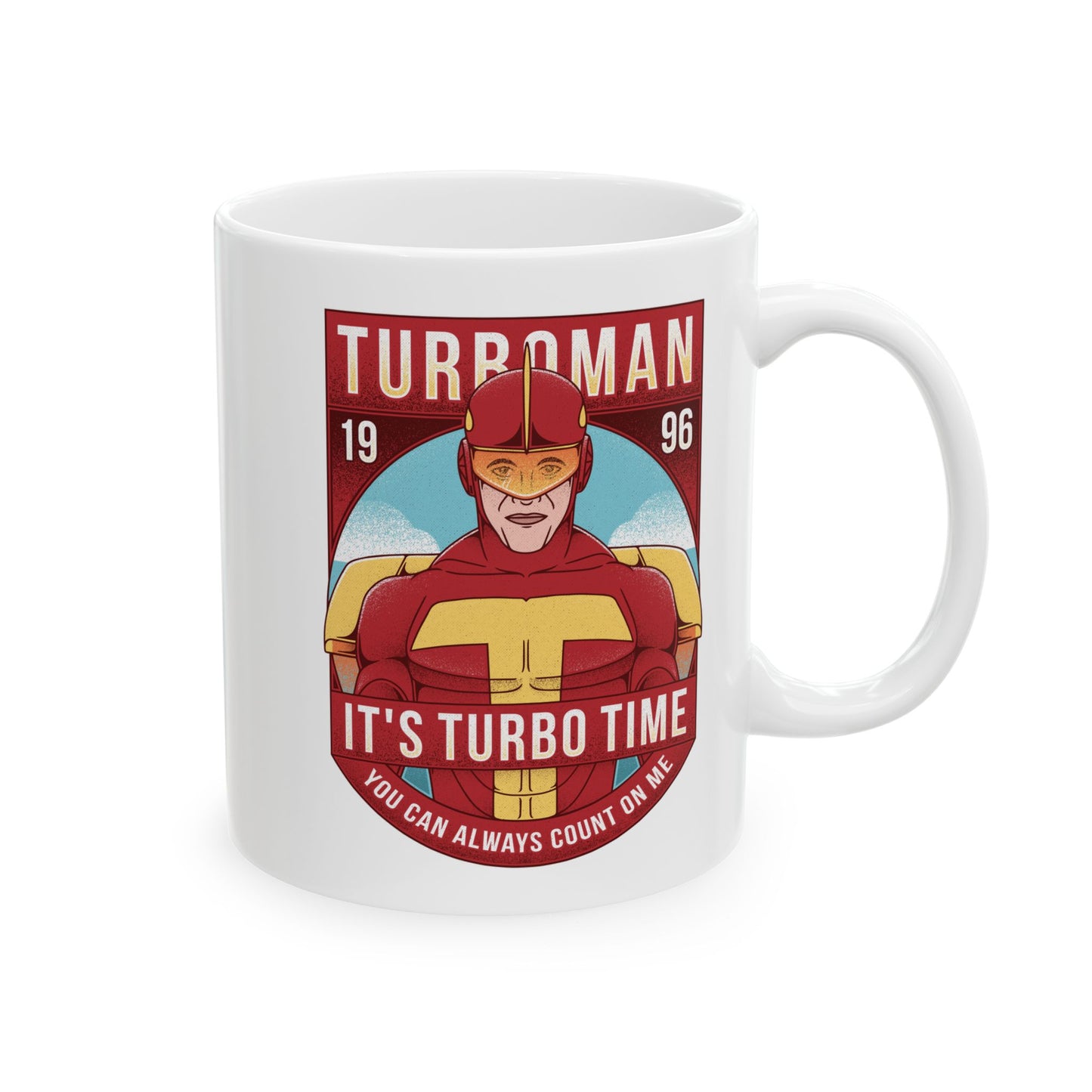 High-quality ceramic mug featuring Turbo Man from the 90s Christmas movie Jingle All the Way. The design captures the iconic superhero parody style, perfect for nostalgic fans, movie collectors, and lovers of retro holiday films. Ideal as a festive gift, this durable mug works for coffee, tea, or display. Bright colors and detailed artwork make it a must-have for anyone who loves Turbo Man and classic Christmas comedies.