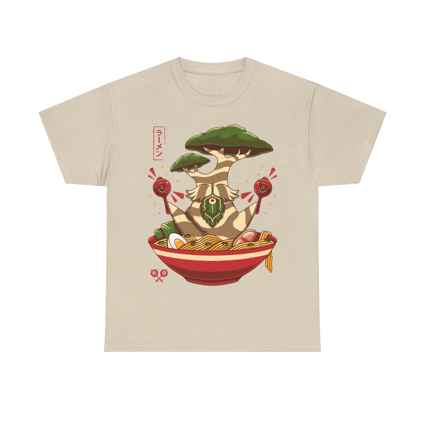 Hestu Korok t-shirt from The Legend of Zelda Breath of the Wild featuring Hestu doing the Shalaka Dance inside a ramen noodle bowl in cute gamer style.