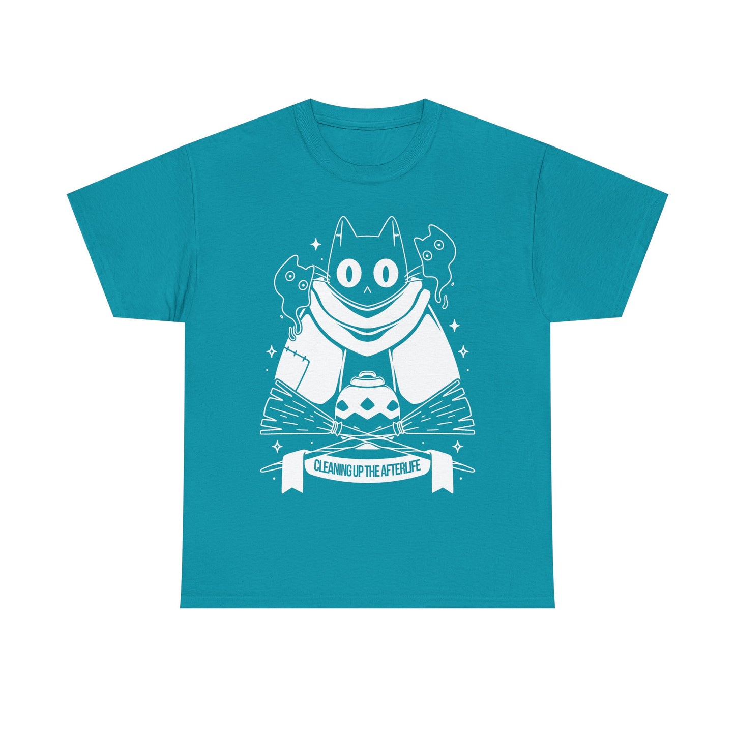 Crypt Custodian Cleaning Up the Afterlife t-shirt inspired by the indie metroidvania game starring Pluto, the mischievous ghost cat sentenced to clean the afterworld forever. This unisex gamer shirt captures the spooky cute charm and dark fantasy atmosphere of the game, blending cozy aesthetics with supernatural adventure. Perfect indie game merch for metroidvania fans, collectors, and gamers who love unique character-driven titles.