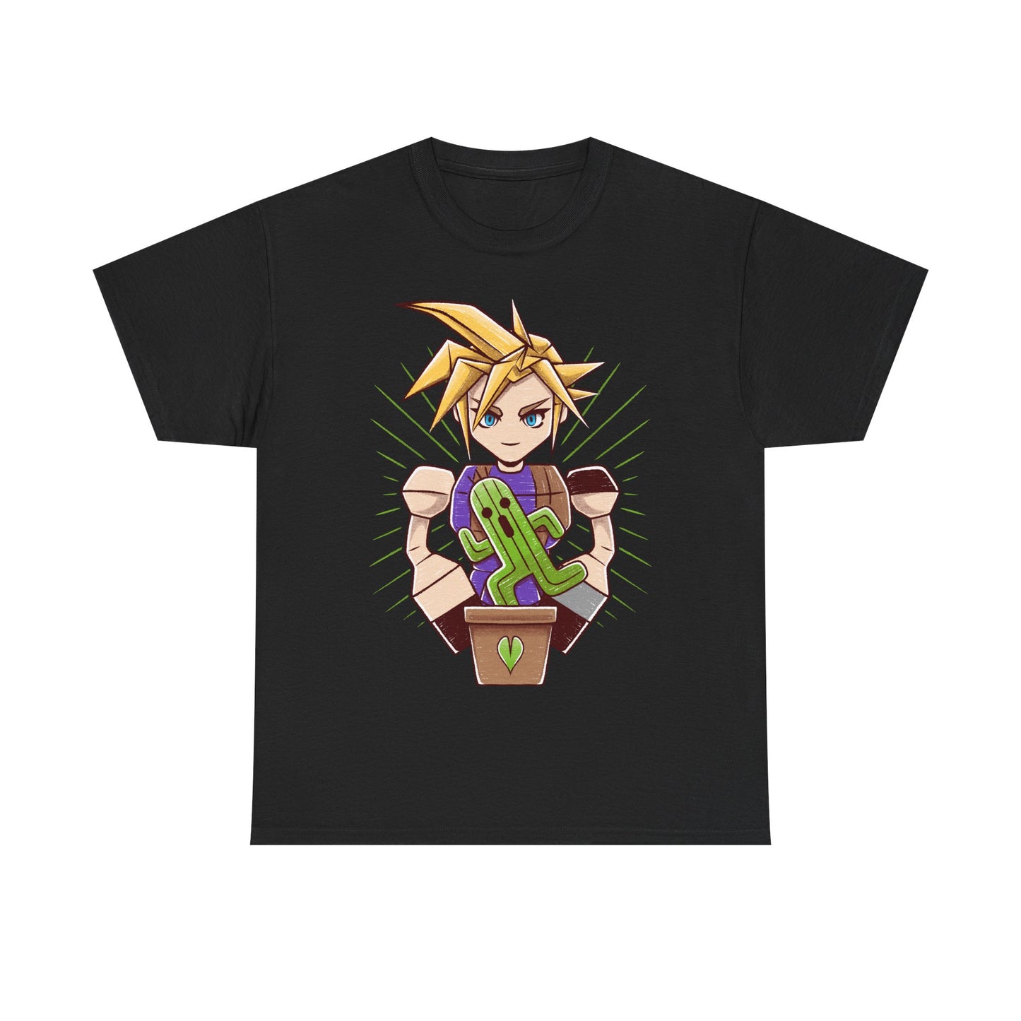 Final Fantasy VII t-shirt featuring Cloud Strife caring for a garden of Cactuars inspired by the legendary 10,000 Needles attack.