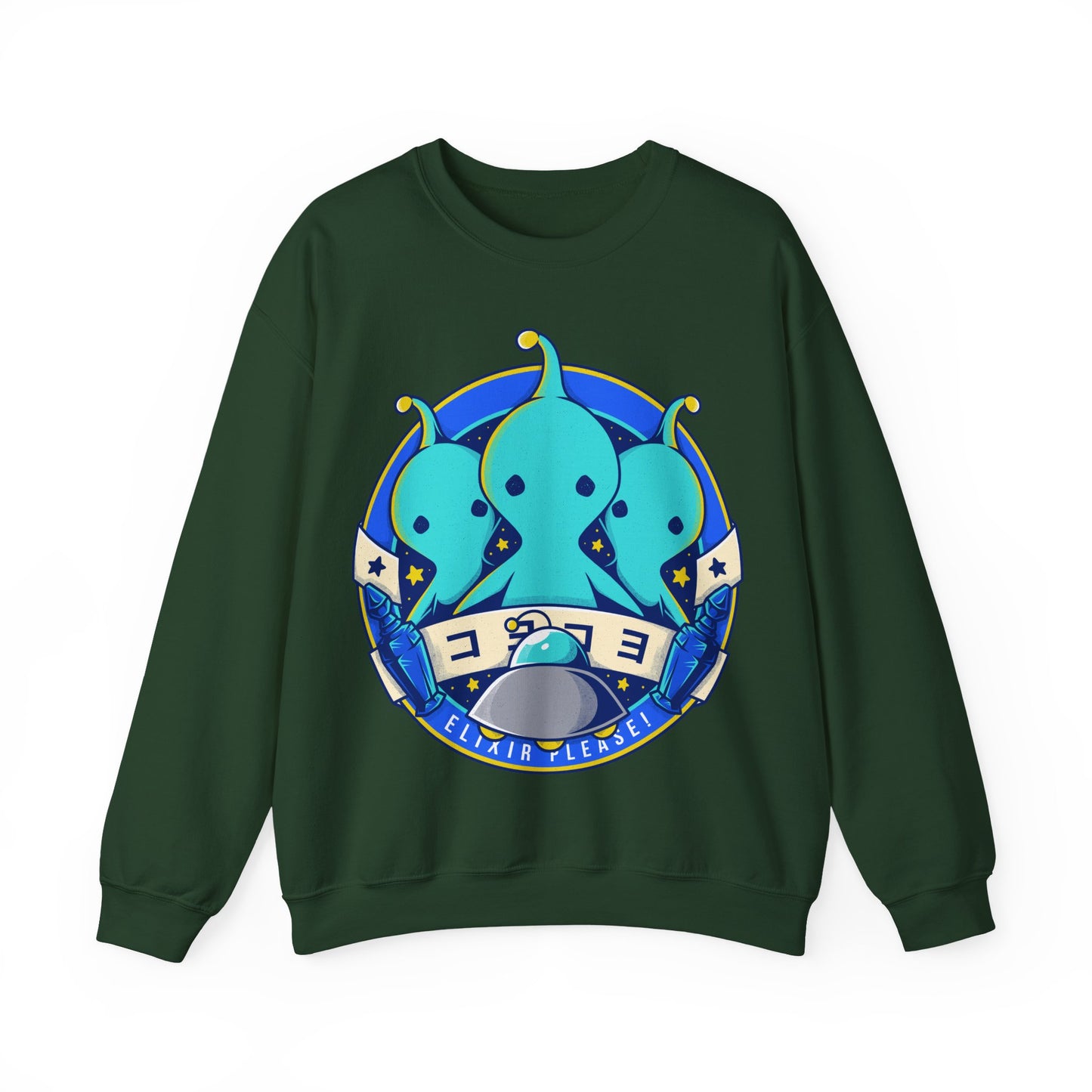Pupu Final Fantasy crewneck sweatshirt featuring the iconic blue alien from FFVIII and FFXIV in a cute kawaii style. High-quality gamer apparel, perfect for JRPG fans, collectors, and retro gaming lovers. Exclusive Pupu alien graphic tee inspired by the UFO encounters in Final Fantasy VIII and Final Fantasy XIV. Unisex video game shirt ideal as a gift for gamers and anime fans. final fantasy viii merch, ffviii merch, ffxiv merch, final fantasy xiv merch, final fantasy viii pupu