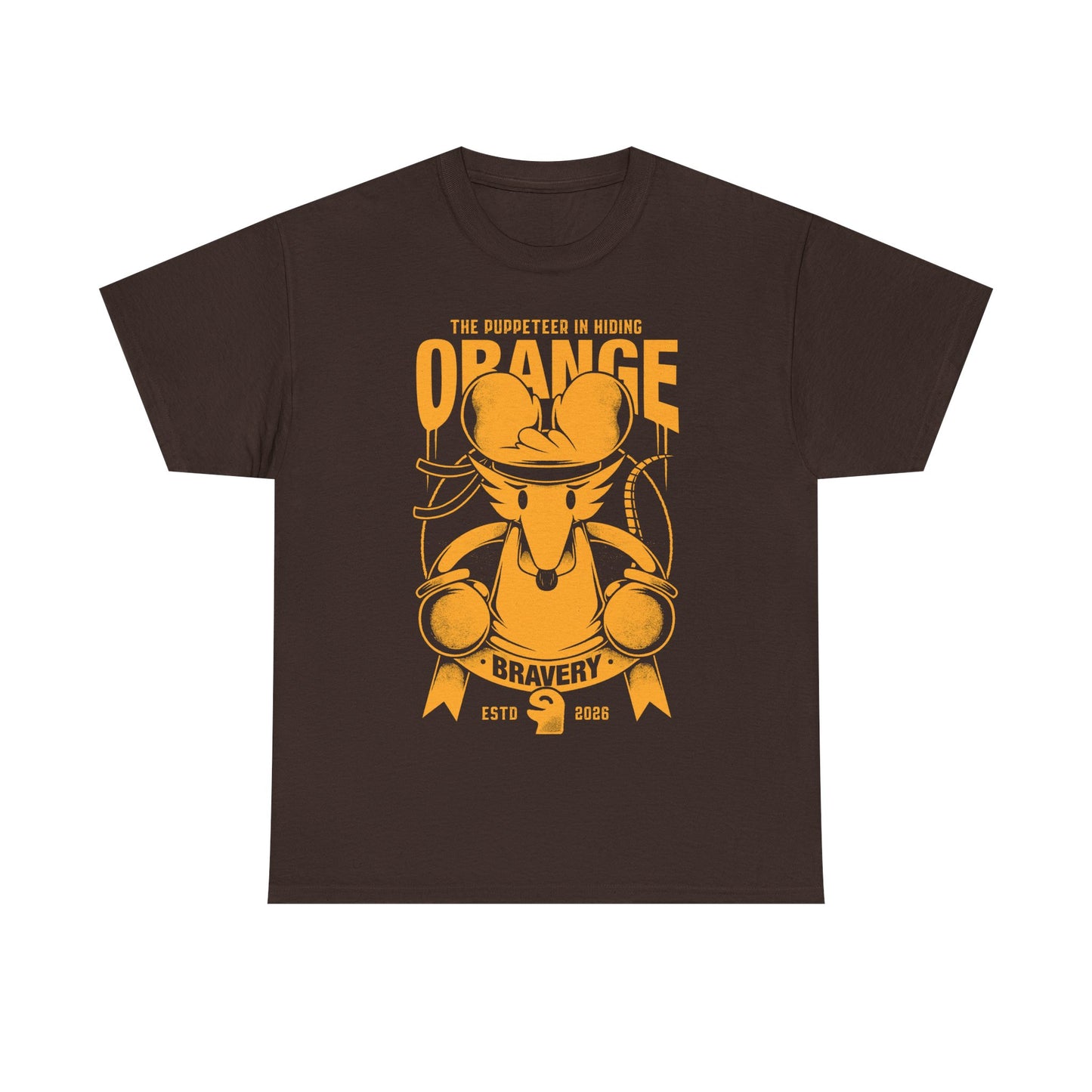 Orange Flower t-shirt inspired by Deltarune Chapter 5 featuring the Bravery SOUL flower with hidden puppeteer references in a vintage emblem style.