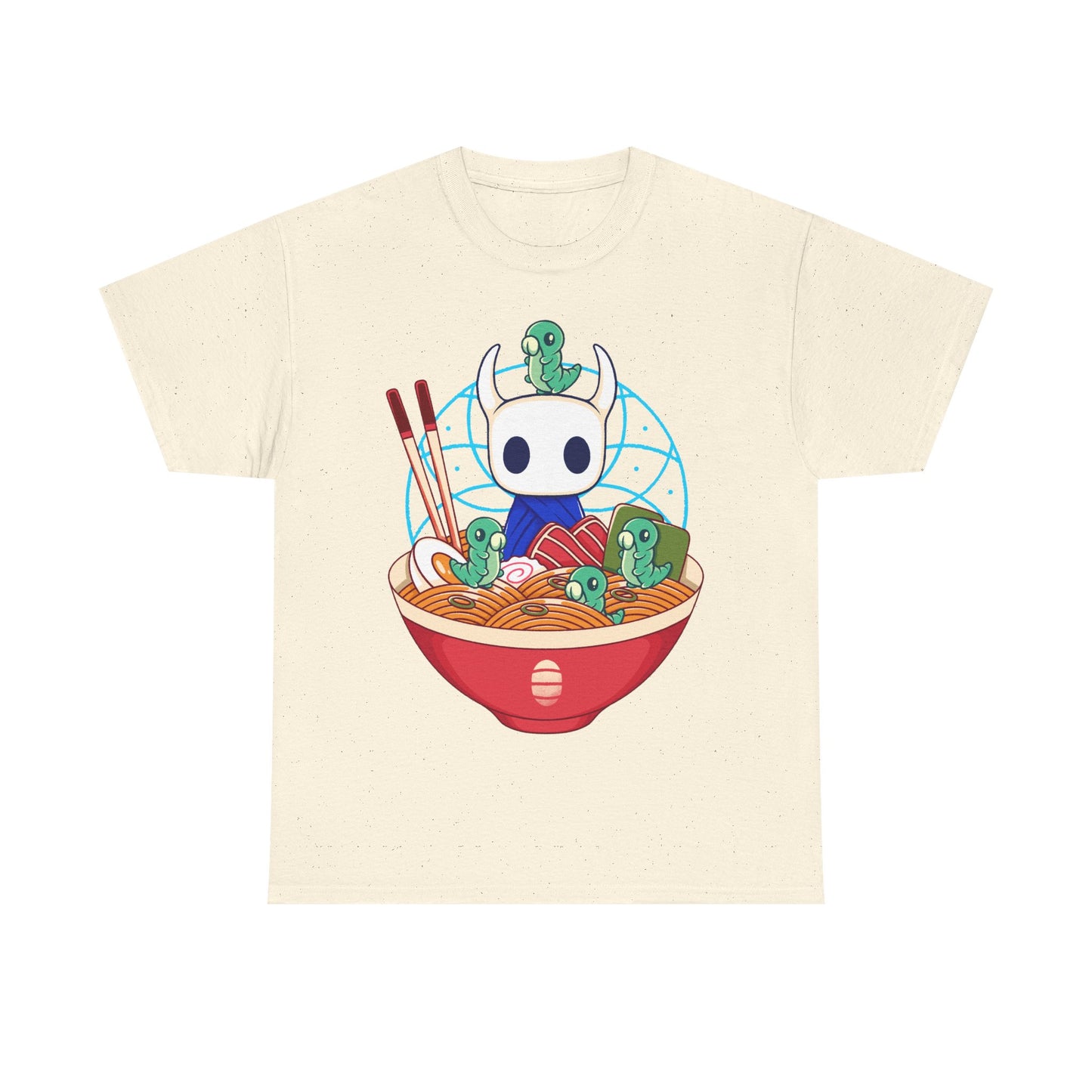 Cute Hollow Knight T-shirt featuring The Knight and adorable Grubs sitting inside a colorful ramen noodle bowl in a kawaii Japanese art style. The design blends food-themed illustration with indie game aesthetics, creating a fun and cozy look perfect for Hollow Knight fans, metroidvania lovers, ramen enthusiasts, and collectors. High-quality print ideal for gamers who enjoy cute cartoon art and unique fan-made apparel. hollow knight the knight ramen t-shirt, hollow knight ramen shirt, ramen tee