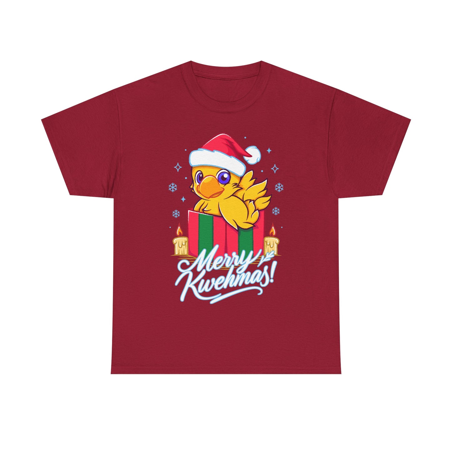 High-quality T-shirt featuring a cute Chocobo from the Final Fantasy series sitting inside a Christmas gift box and wearing a festive Santa hat. The design blends JRPG charm with adorable holiday aesthetics, making it perfect for fans of Chocobos, Christmas gaming apparel, and cute kawaii art. Ideal for gifting, collectors, and gamers who enjoy cozy festive clothing. Soft unisex tee suitable for daily wear during the holiday season. cute chocobo kawaii t-shirt, final fantasy christmas t-shirt