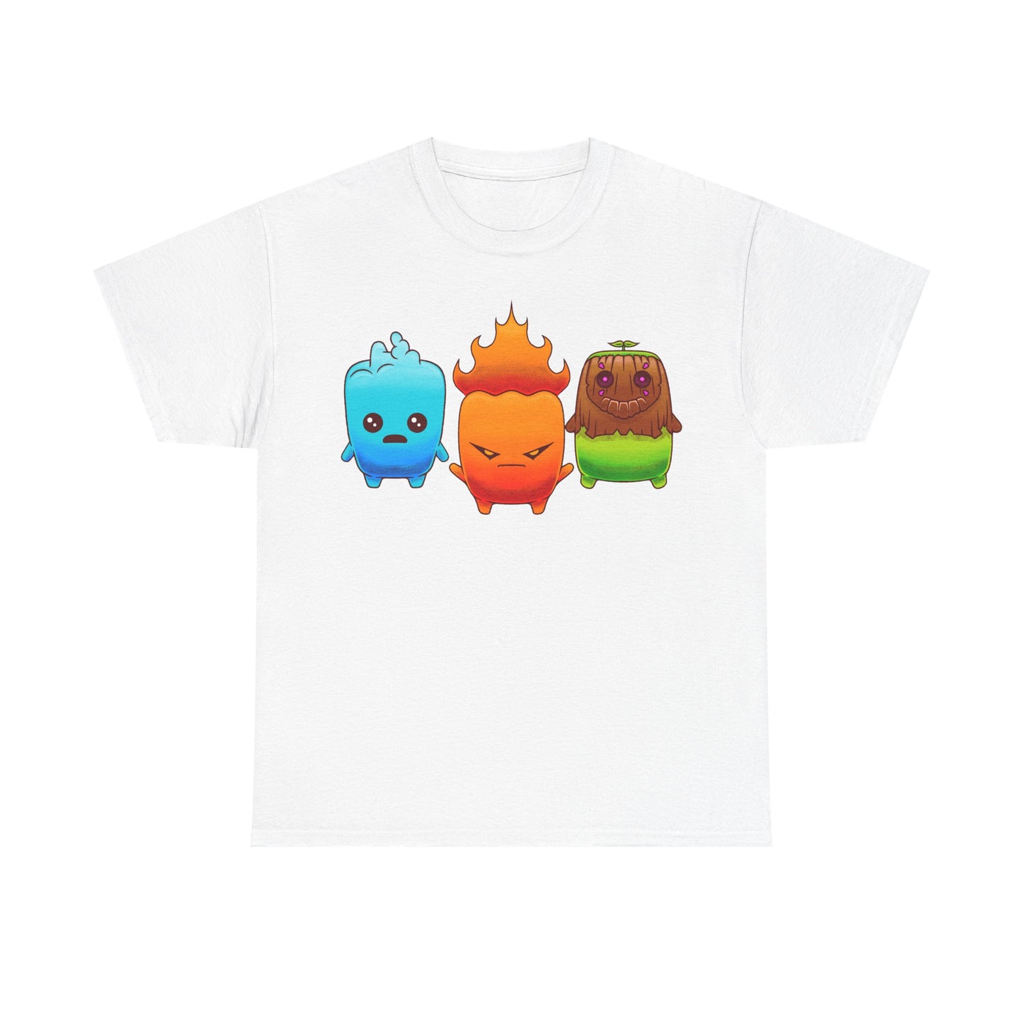 Fortnite Battle Royale t-shirt featuring the Fire Sprite, Water Sprite and Earth Sprite from Chapter 7 Season 3 Runners in a cute elemental spirit design.