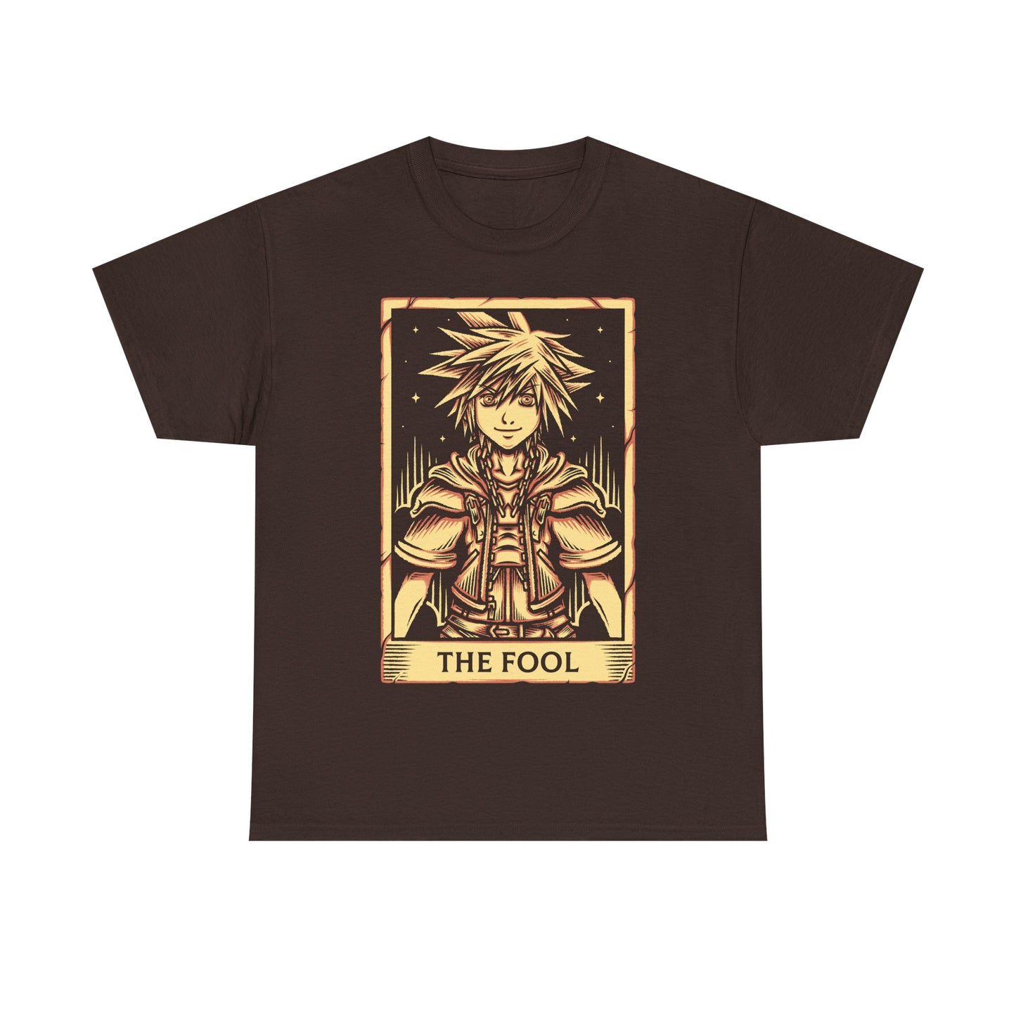 Sora from Kingdom Hearts t-shirt featuring the Keyblade wielder hero from the iconic fantasy RPG video game series in tarot card art style as the fool.