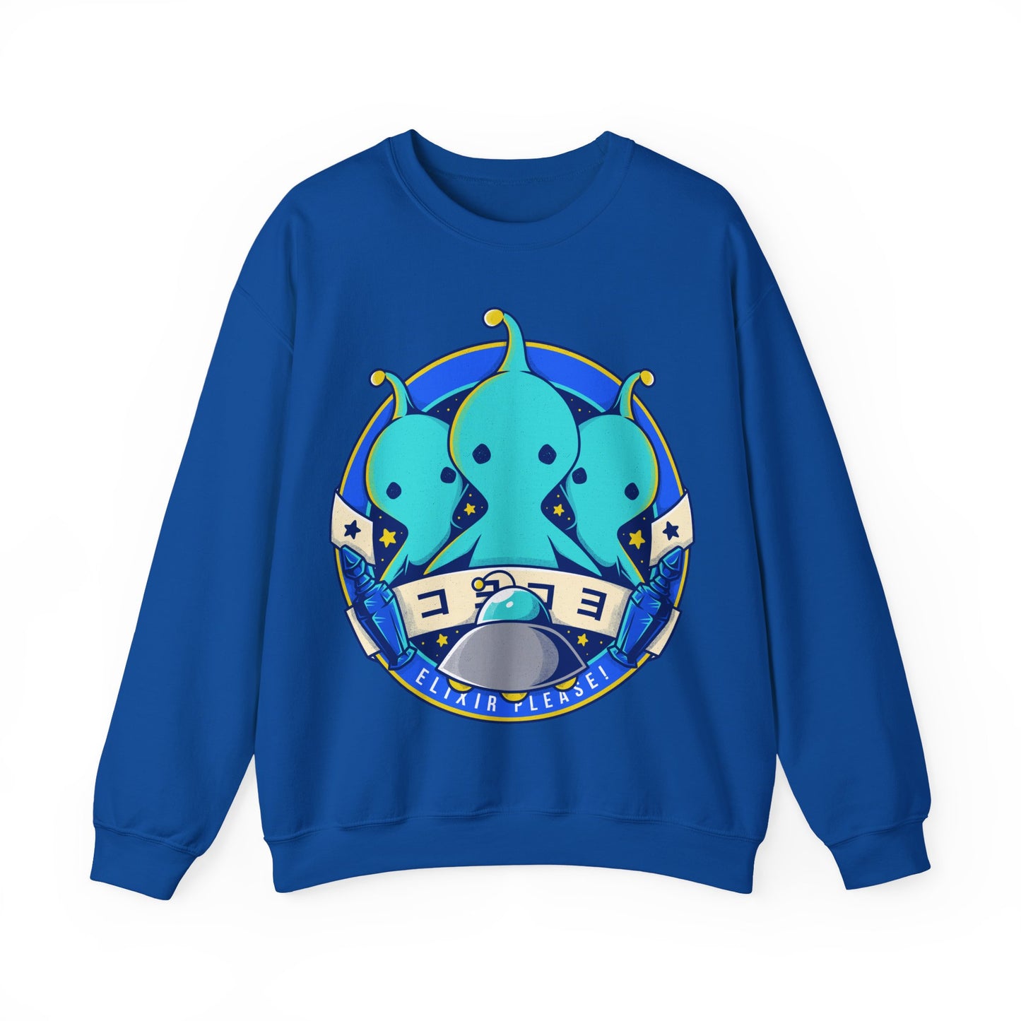 Pupu Final Fantasy crewneck sweatshirt featuring the iconic blue alien from FFVIII and FFXIV in a cute kawaii style. High-quality gamer apparel, perfect for JRPG fans, collectors, and retro gaming lovers. Exclusive Pupu alien graphic tee inspired by the UFO encounters in Final Fantasy VIII and Final Fantasy XIV. Unisex video game shirt ideal as a gift for gamers and anime fans. final fantasy viii merch, ffviii merch, ffxiv merch, final fantasy xiv merch, final fantasy viii pupu