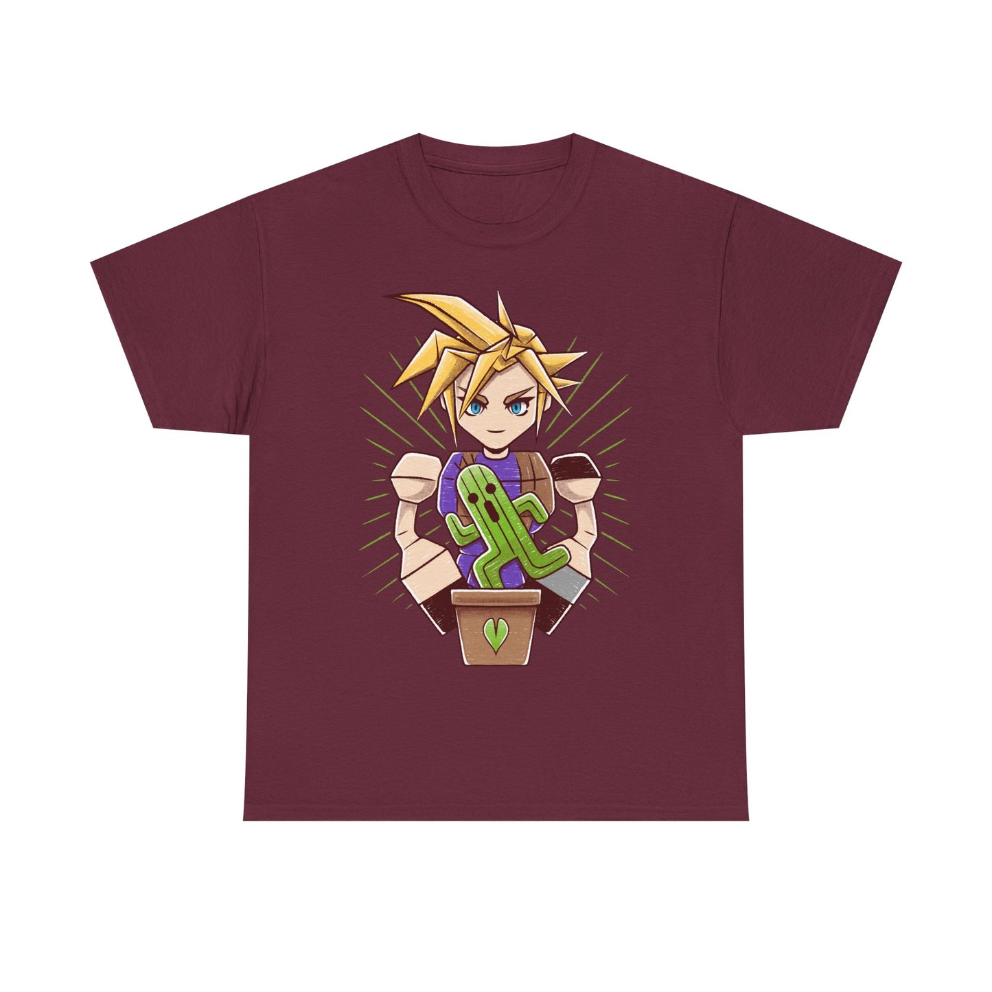 Final Fantasy VII t-shirt featuring Cloud Strife caring for a garden of Cactuars inspired by the legendary 10,000 Needles attack.