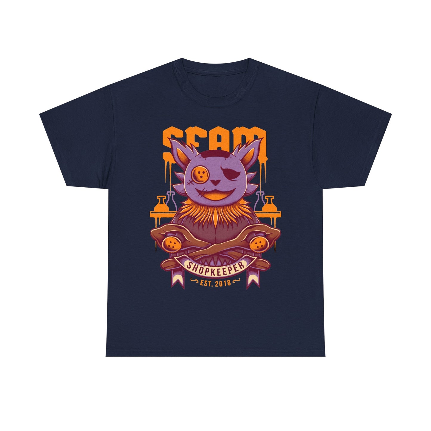Deltarune Seam Shopkeeper Darkner t-shirt featuring the mysterious purple plush character and former Court Magician from Card Kingdom.