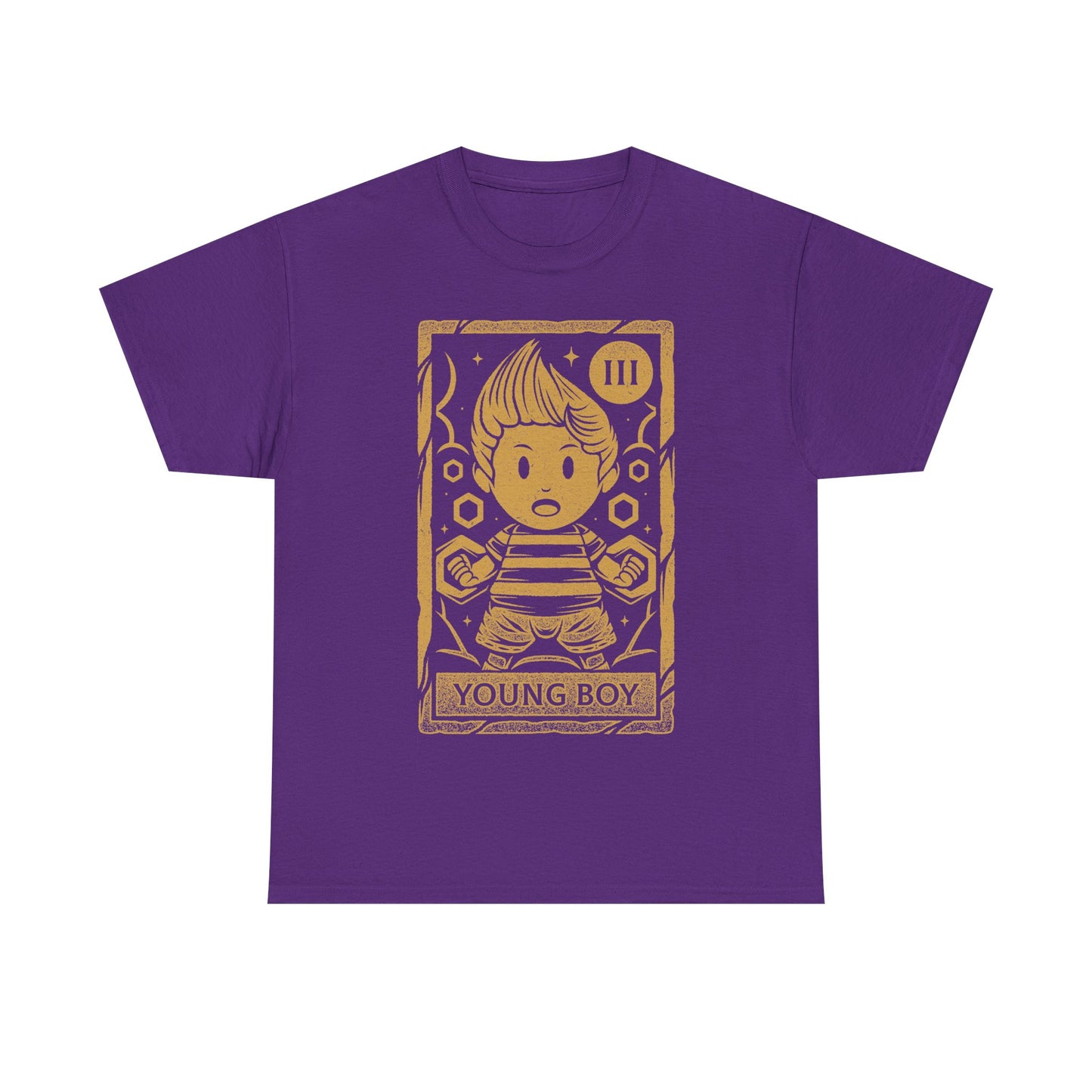 Lucas Mother 3 t-shirt featuring a vintage tarot card illustration inspired by the emotional JRPG Mother 3. Retro gaming apparel with a one-ink monochrome design depicting Lucas, the main protagonist of the cult classic RPG. Nostalgic gamer merch ideal for fans of Mother 3 t-shirts, RPG and JRPG video games, tarot card art, and story-driven retro games. Perfect collector tee for retrogaming fans and lovers of symbolic fantasy illustration. mother 3 lucas t-shirt, mother 3 lucas merch.